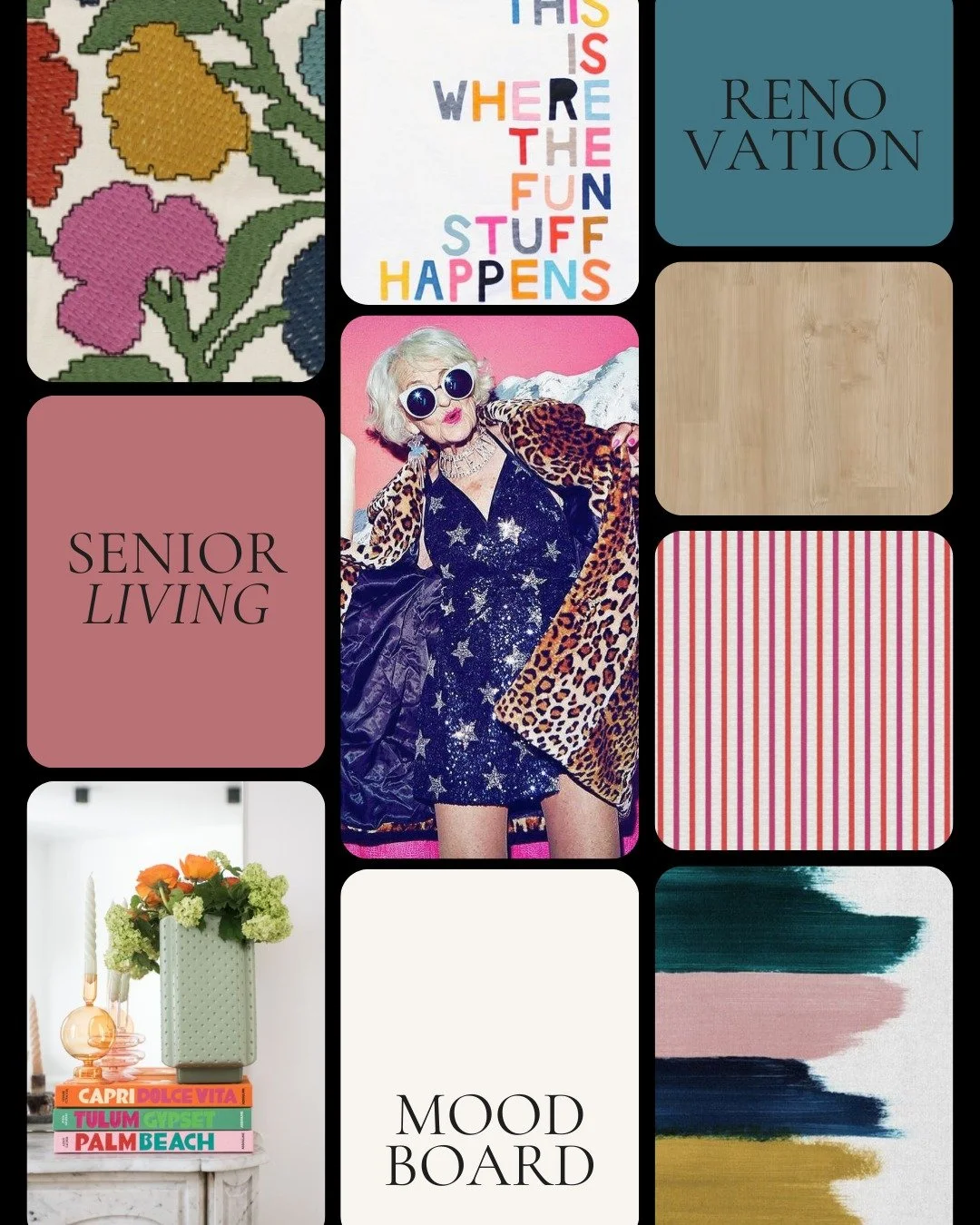 The vibe check: playful palettes, layered textures, and a wink of attitude. This board set the tone for a renovation that feels less like &ldquo;facility&rdquo; and more like the social club everyone wants to join.