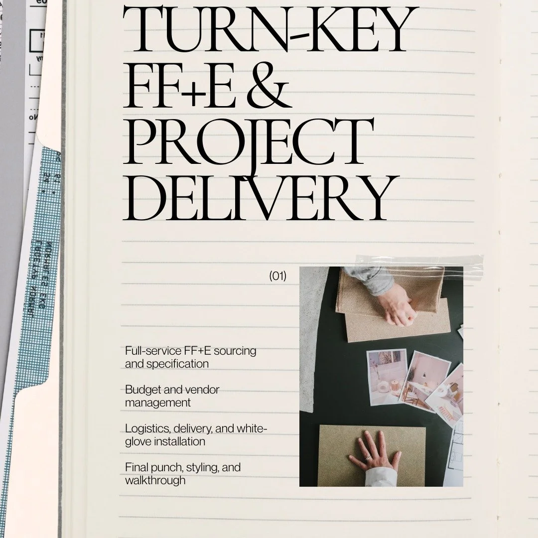 Design is just the beginning. We handle the sourcing, budgets, logistics, and install so you don&rsquo;t have to. White-glove, start-to-finish.