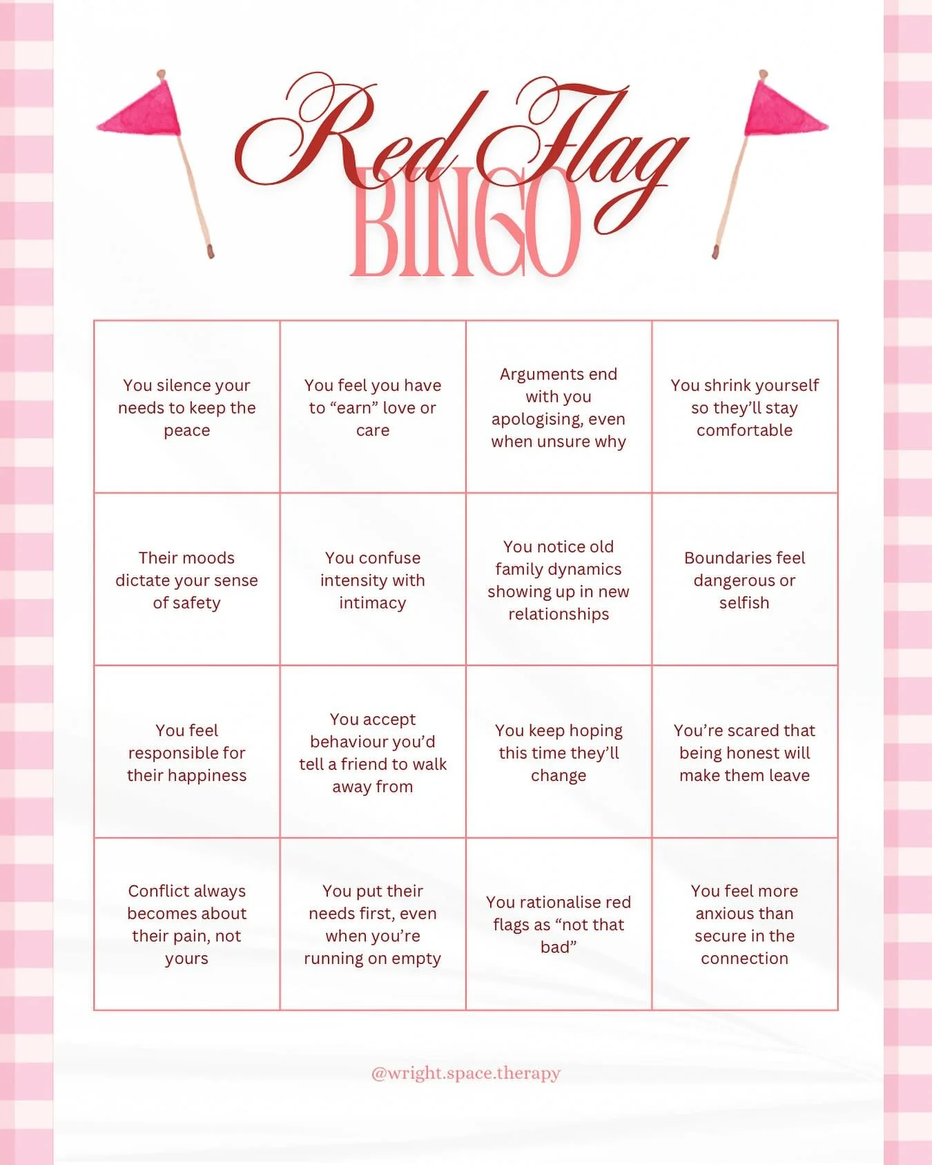 🚩 Red Flag Bingo (the hard truths edition):

👉You confuse intensity with intimacy.
👉Boundaries feel selfish.
👉Being ignored feels normal.
👉You call it &ldquo;butterflies&rdquo; when it&rsquo;s actually anxiety.
👉Consistency feels boring.

If yo