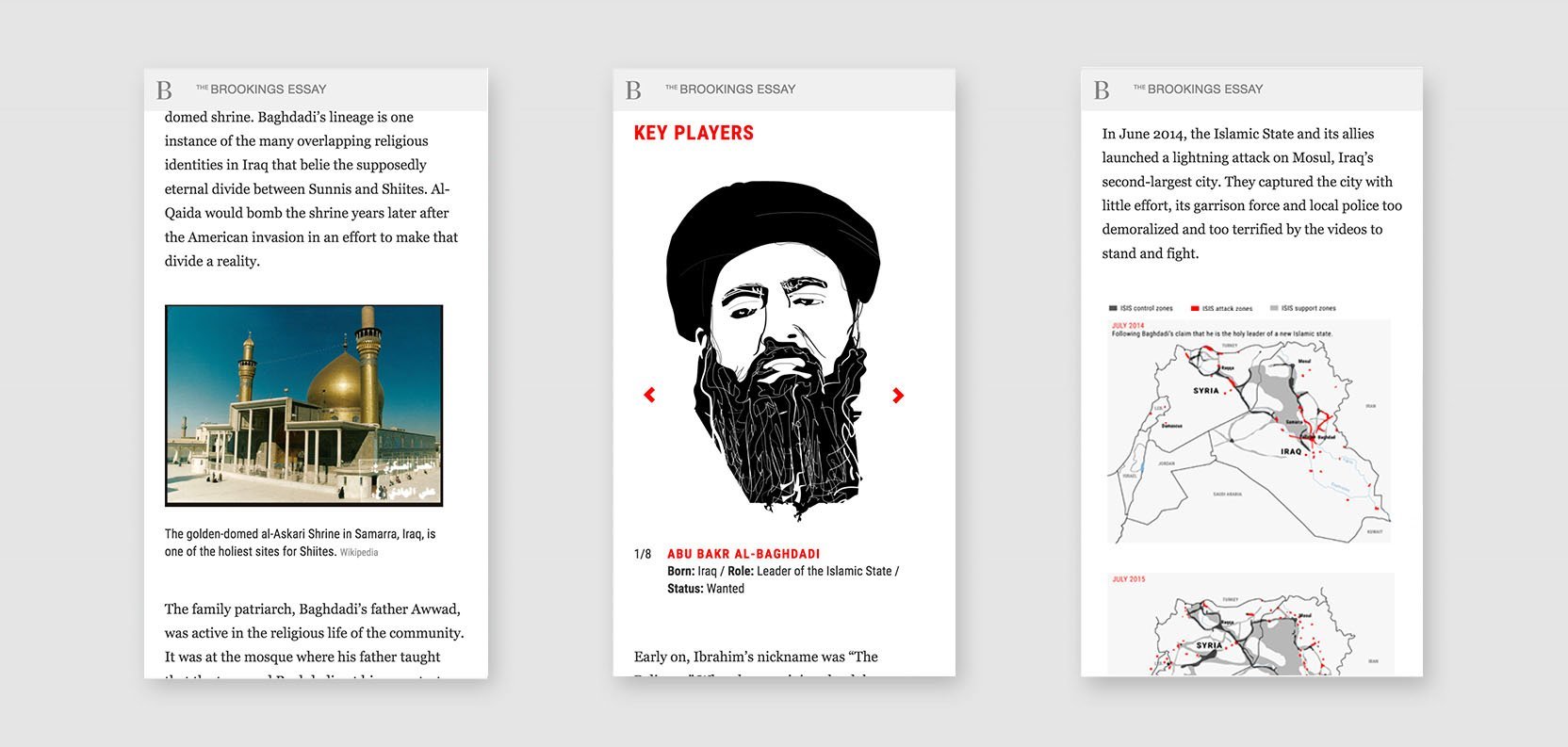 Three pages of a document titled 'The Brookings Essay' with text and images about Iraq. The first page features a photo of a golden-domed mosque in Samarra, Iraq. The second page shows a black and white illustration of a man with a beard and turban,
