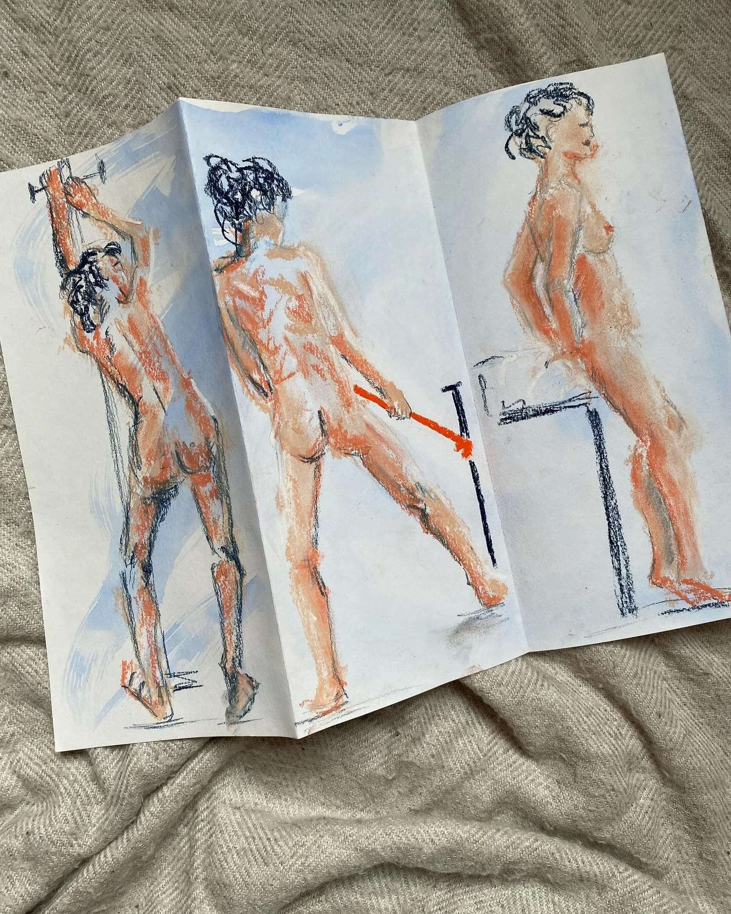LEPORELLO DE NUS 2
Aujourd’hui je vous partage un autre leporello réalisé au cours d’une séance de modèle vivant. Je retiens l’idée du lavis à l’aquarelle qui ajoute beaucoup de mouv