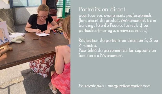 PORTRAITS EN DIRECT 

Je propose d&eacute;sormais d&rsquo;intervenir dans vos &eacute;v&eacute;nements pour dessiner vos invit&eacute;s en direct 🤩

Il me suffit d&rsquo;une table et deux chaises, j&rsquo;apporte le mat&eacute;riel, et je dessine en