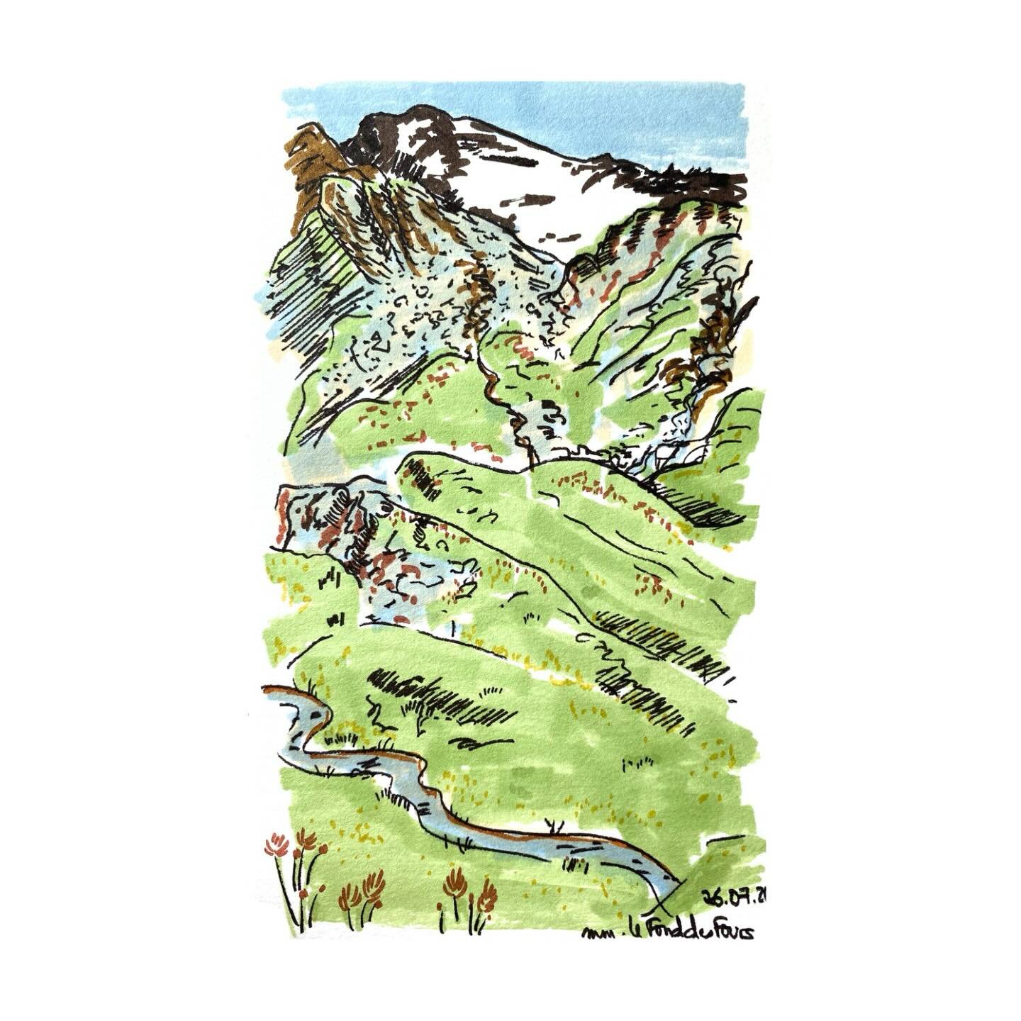 CROQUIS D&rsquo;&Eacute;T&Eacute; 
J&rsquo;ai retrouv&eacute; cette s&eacute;rie dessin&eacute;e lors de randonn&eacute;e autour de #valdisere en 2024. Un m&eacute;lange de feutre &agrave; l&rsquo;encre et de feutre &agrave; alcool. Je travaille peu 