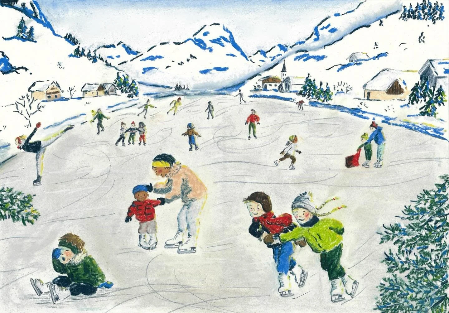 PATINOIRE

Tellement fi&egrave;re de cette double page !! J&rsquo;ai ador&eacute; me plonger dans ce paysage immense, j&rsquo;ai ador&eacute; dessiner chaque personnage et imaginer sa pose et sa tenue, son &acirc;ge, son histoire&hellip; 

Merci @gwe