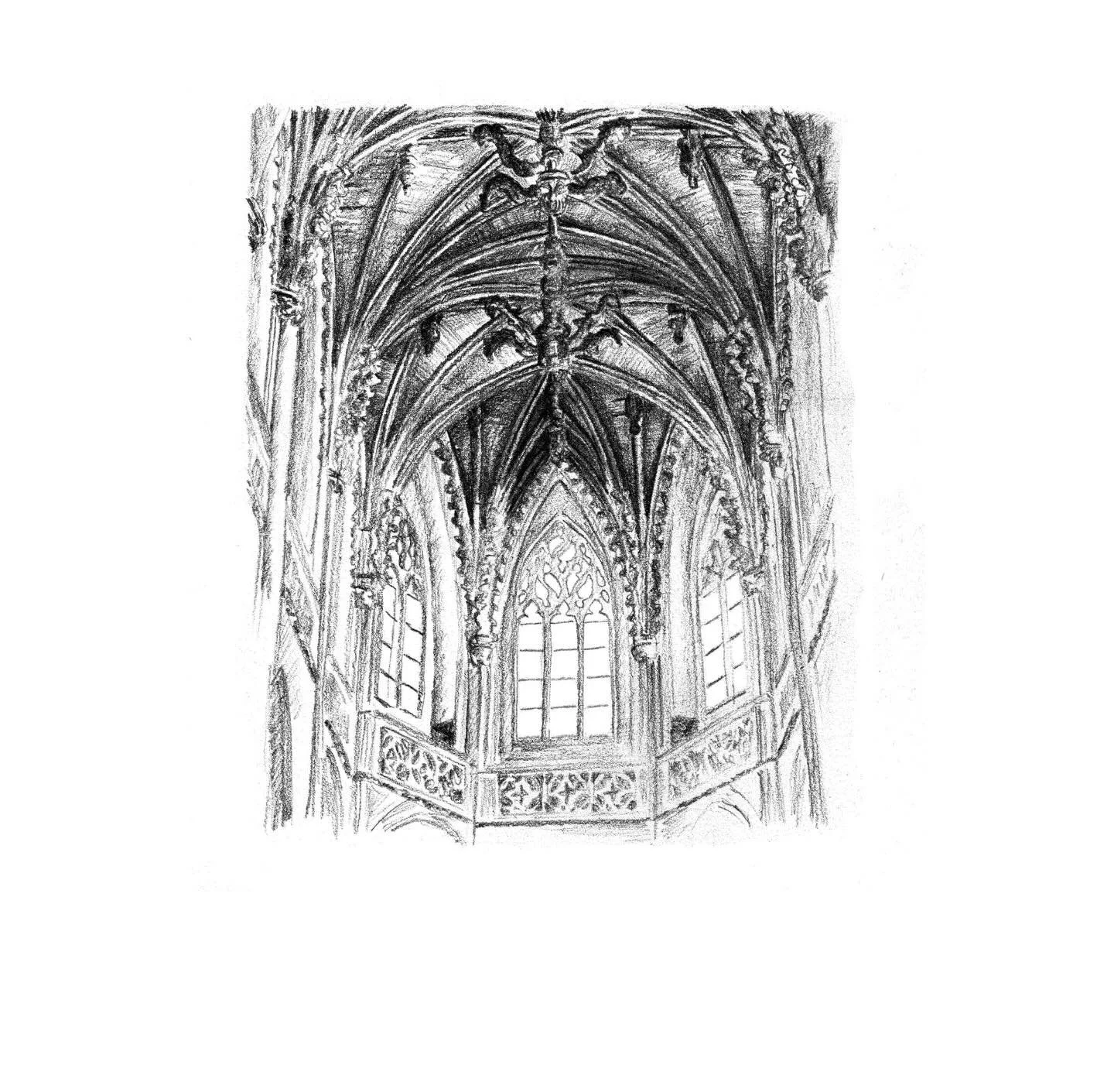 ARCHITECTURE
Pour illustrer un faire part de mariage, j&rsquo;ai illustr&eacute; au crayon la voute de l&rsquo;Eglise de Falaise en Normandie. Le dessin a ensuite &eacute;t&eacute; num&eacute;ris&eacute; et imprim&eacute; en encre bleue. 
Sobre et &e