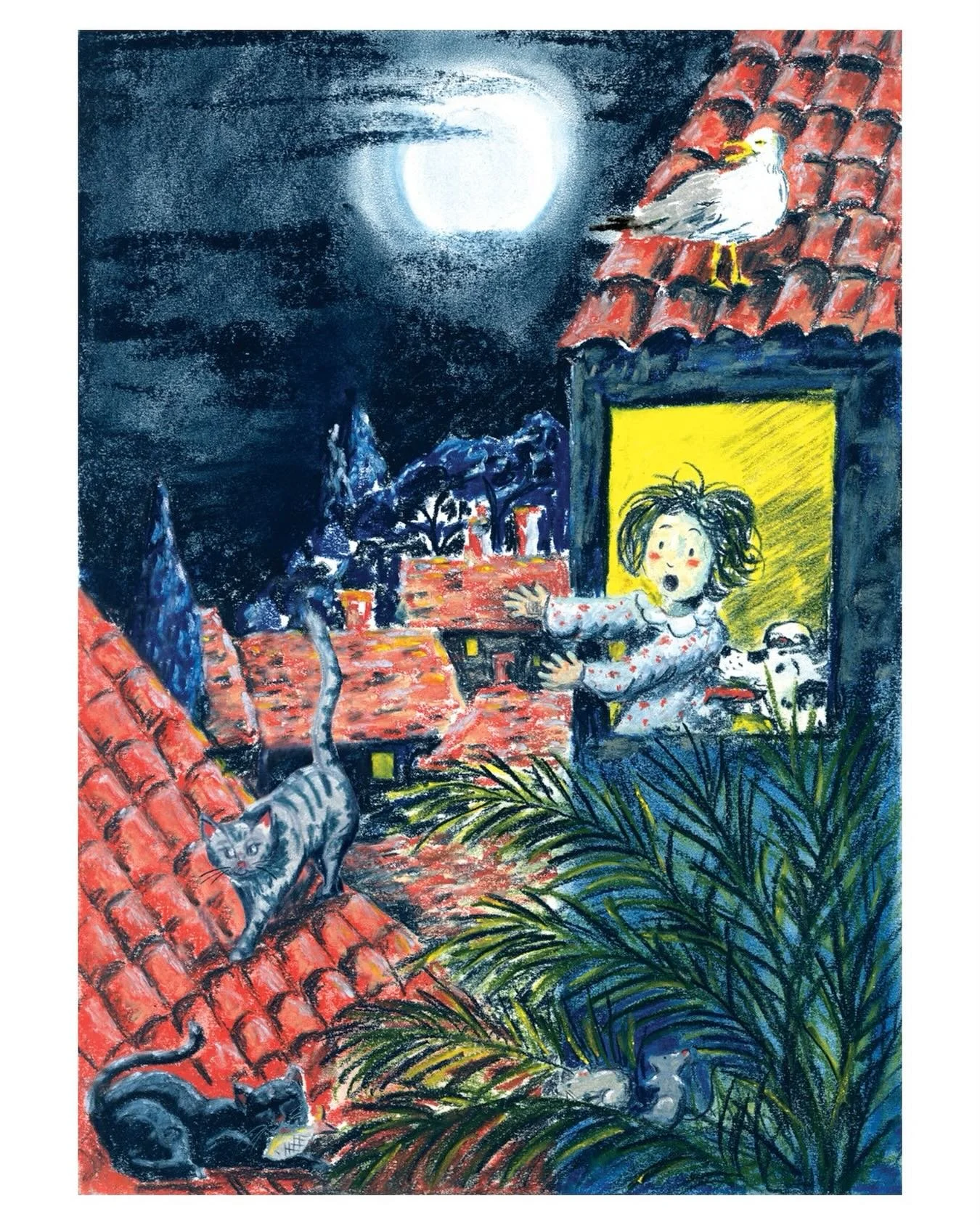 ROOFTOP
Cette s&rsquo;inspire d&rsquo;un souvenir de mon enfance &agrave; Toulon (d&rsquo;o&ugrave; les palmiers, la mouette, les pins et les tuiles roses). &laquo;&nbsp;Mon chat&nbsp;&raquo; (en vrai c&rsquo;&eacute;tait celui des voisins mais il ve