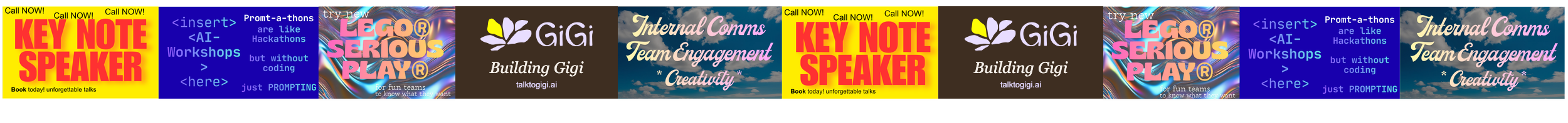 Banner: keynote speaker, AI workshops, LEGO Serious Play, internal comms and team engagement, and building Gigi