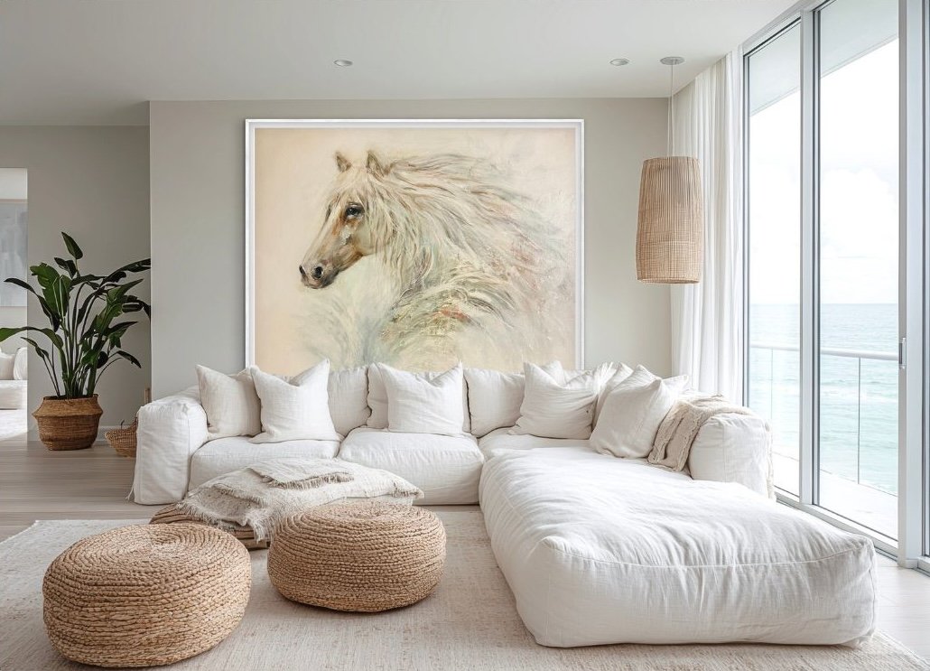 Whispers of the Mist (The Kelpies)
Scotland’s mythical water horse emerges from ancient mists, captured in luminous strokes that blur the boundary between legend and memory. A haunting tribute to the shapeshifting spirit of Highland waters.
A2 size 1