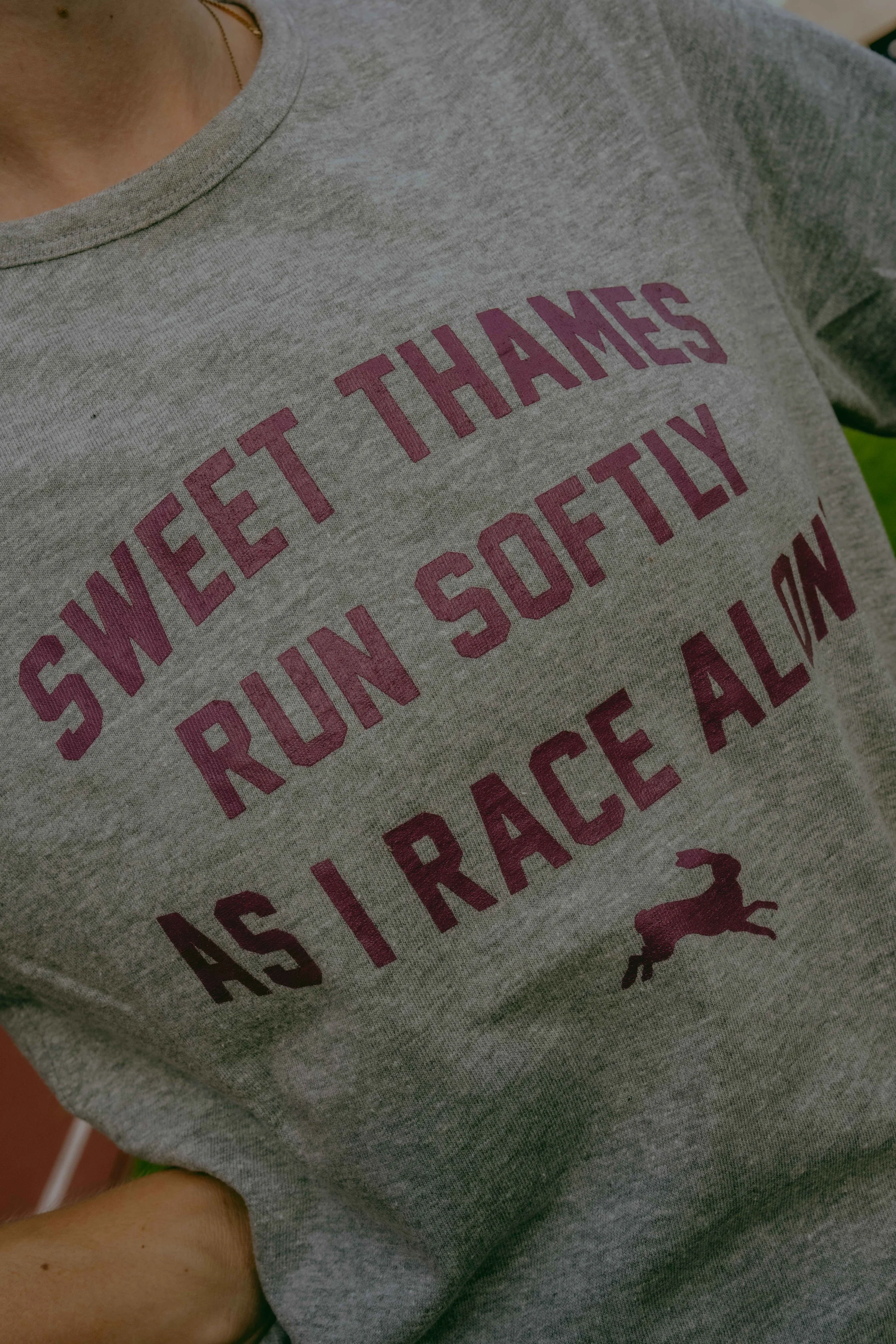 Close-up of a gray T-shirt with maroon text and a small maroon graphic. The text partially reads 'SWEET THANKS' and 'RUN SO FLY'. The graphic appears to be a small silhouette of a person or animal.