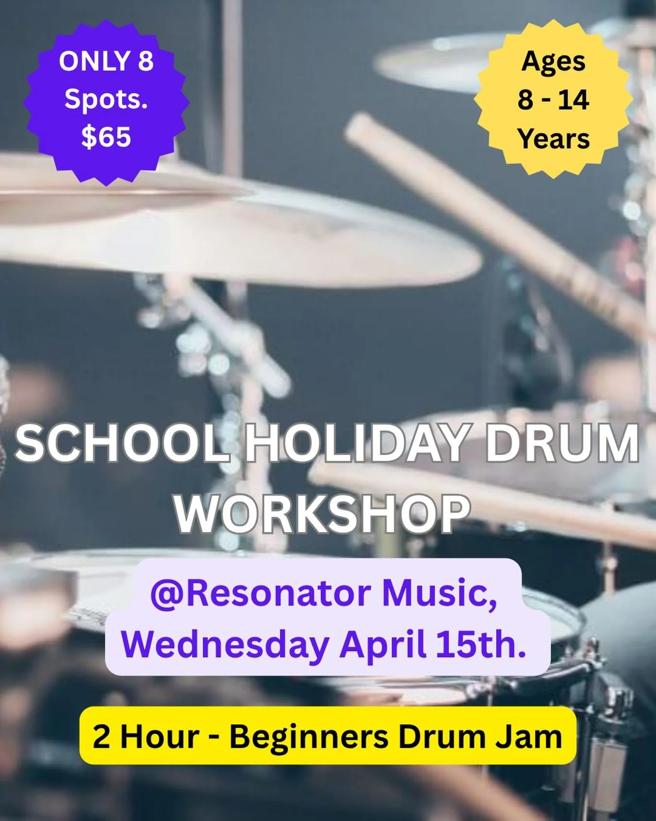 🥁 BEGINNER DRUM WORKSHOP &ndash; SCHOOL HOLIDAYS 🥁

Wednesday April 15th

Let your child learn drums, build confidence, and have a blast in this fun, high-energy 2-hour workshop.
&mdash; 10:00am (Main Session) &mdash; 1:00pm (Extra Session Added)

