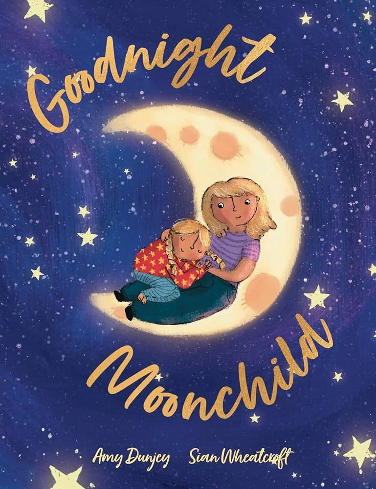Book cover titled 'Goodnight Moonchild' featuring an illustration of a girl and a boy sitting on a crescent moon surrounded by stars and a starry night sky.