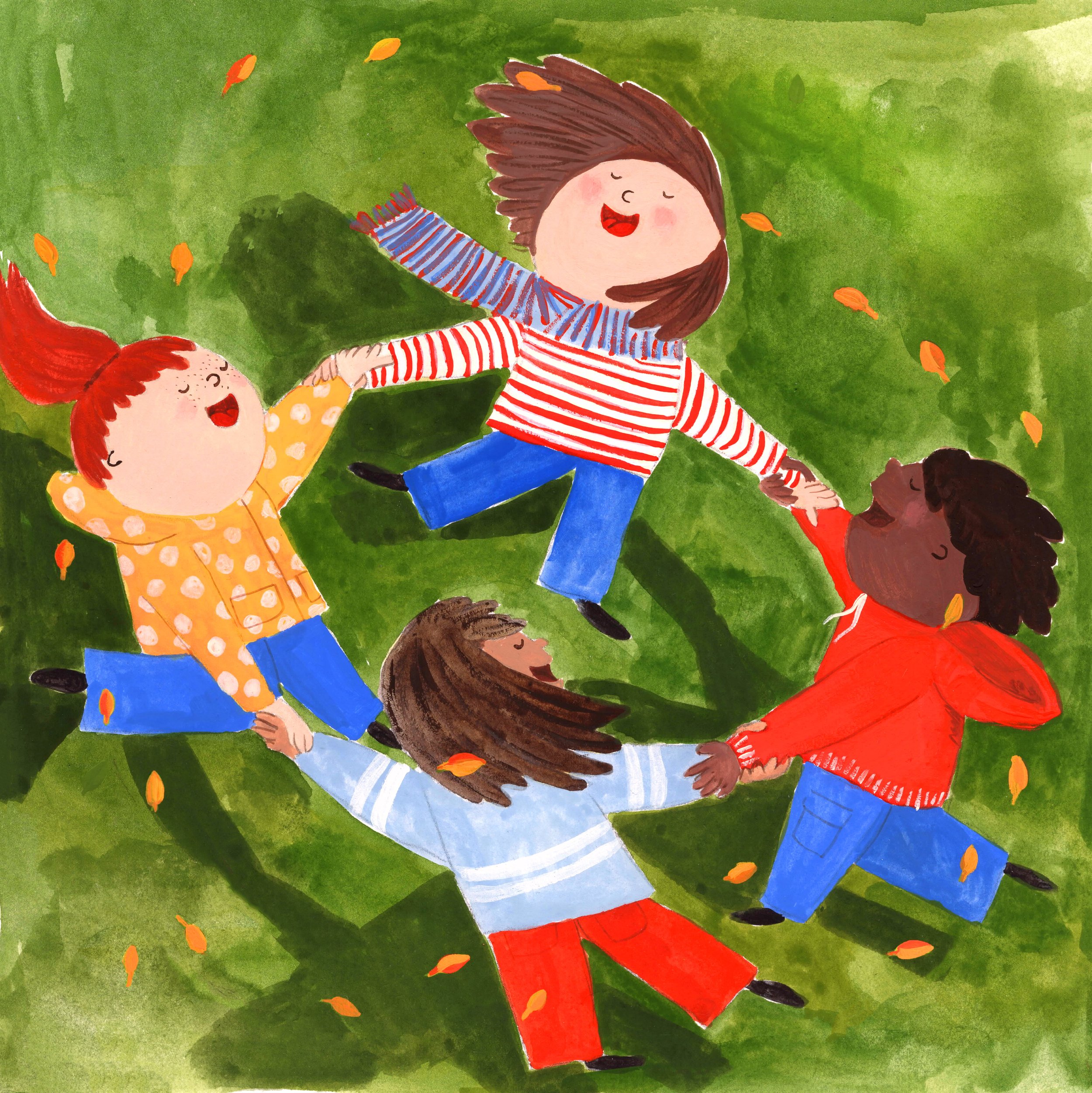 Four children holding hands and playing in a circle on grass with falling leaves, smiling and enjoying each other's company.