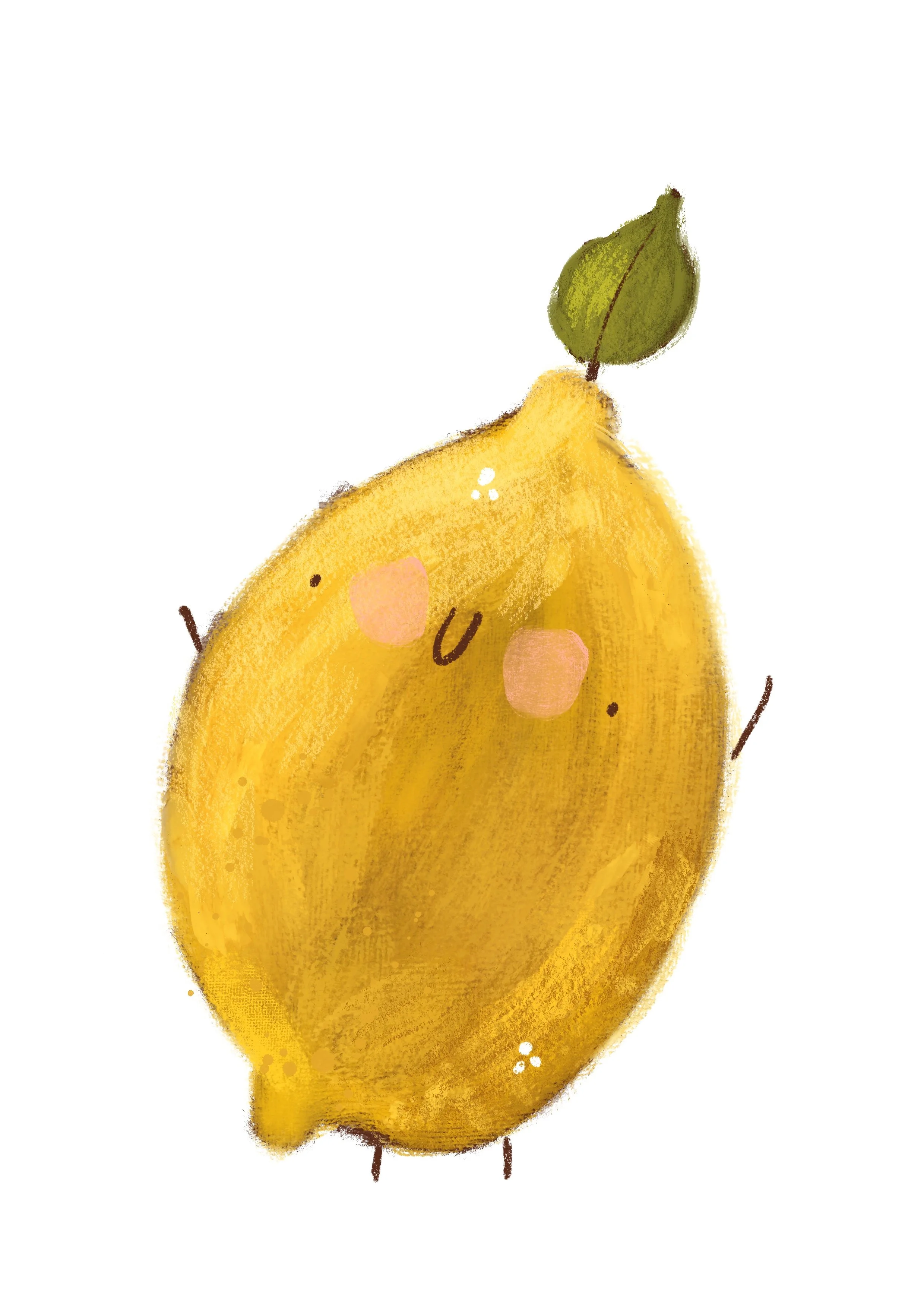 Cute cartoon lemon with a leaf on top, with a happy face, rosy cheeks, small arms, and tiny legs.