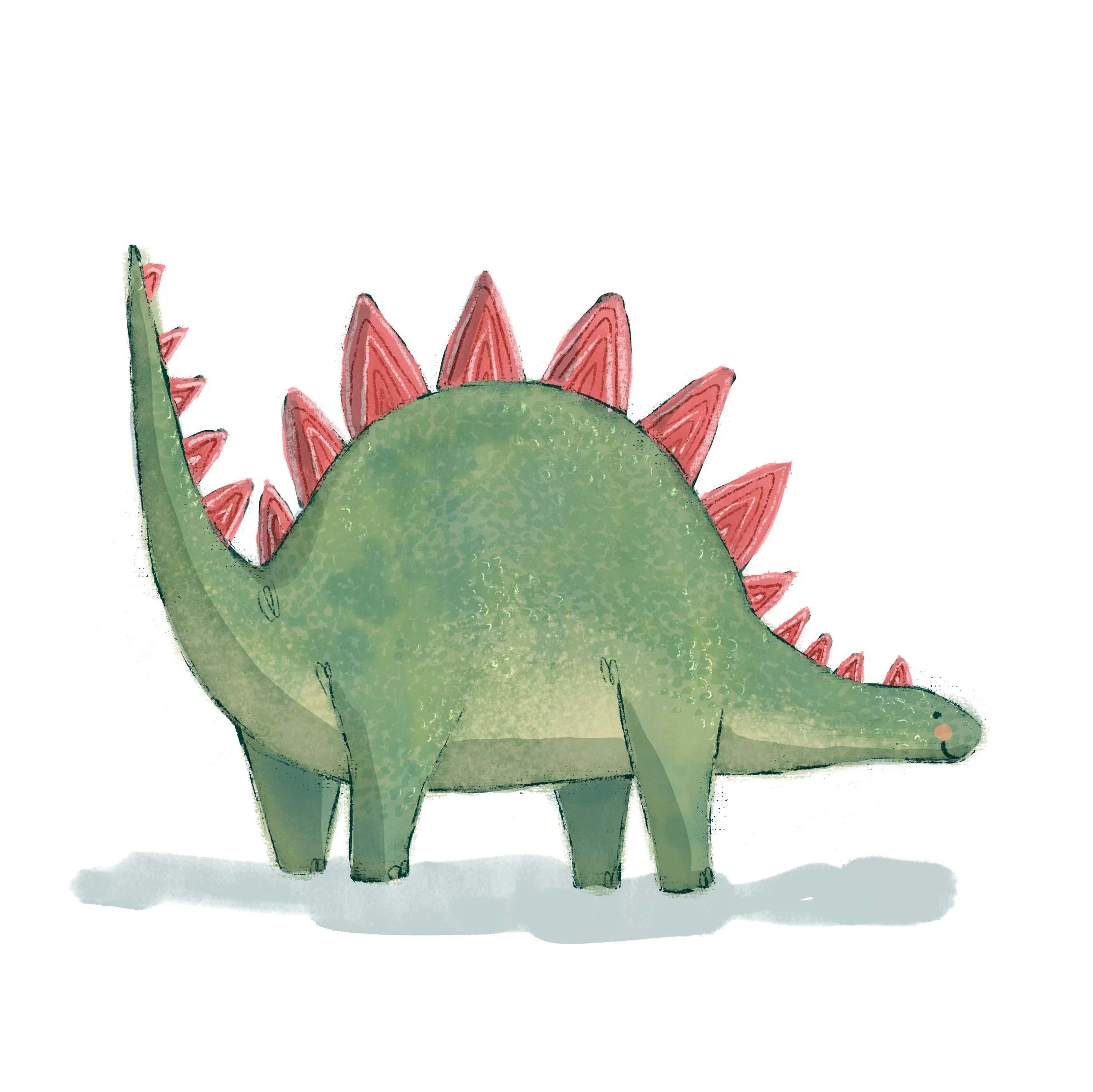 A cartoon illustration of a green dinosaur with pink spikes on its back and tail, standing on a white background.