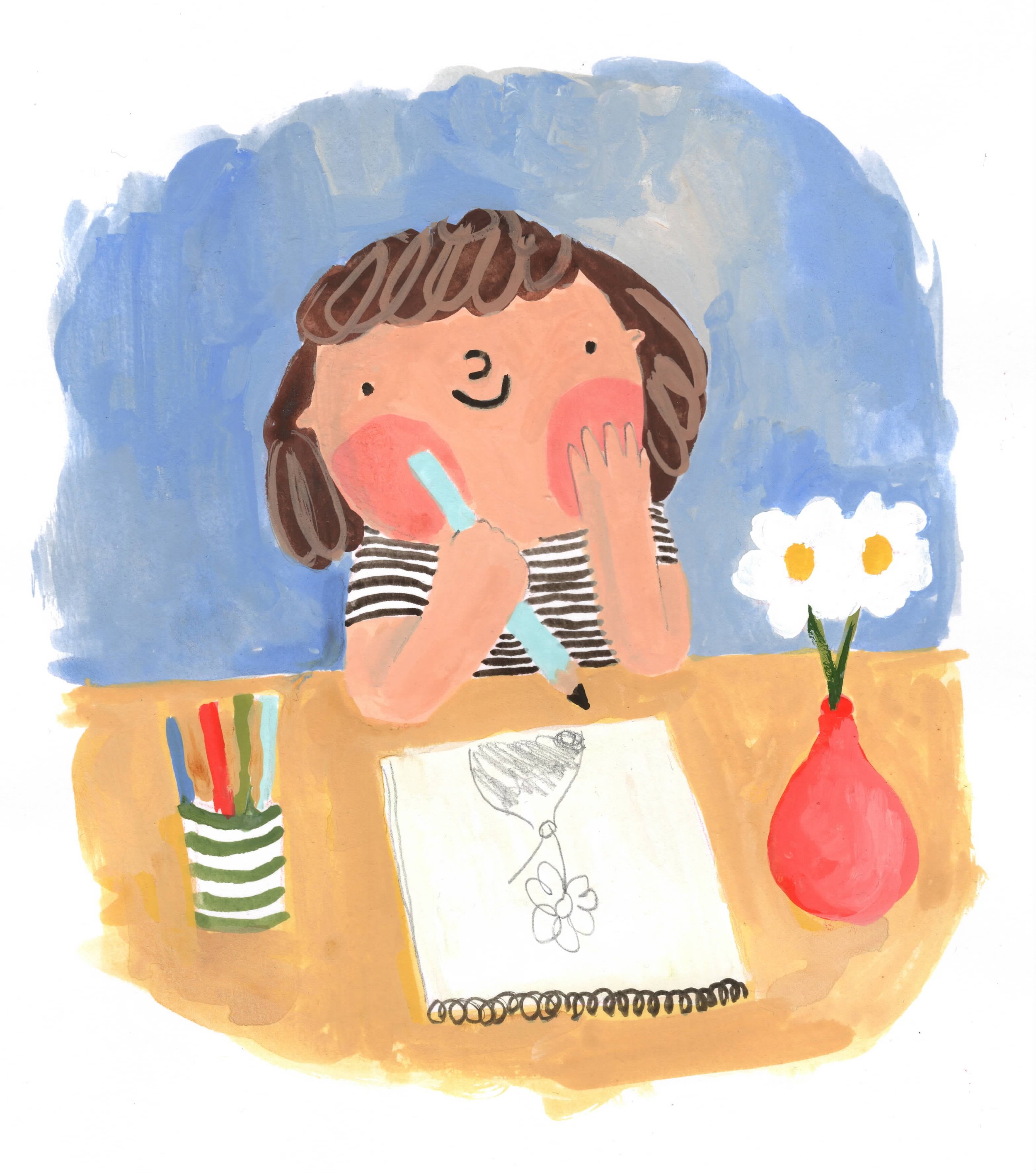 A girl with brown hair and a striped shirt is drawing a fish and flower on a piece of paper. She is holding a blue marker in one hand and has her cheek resting on her other hand. There are colored markers in a striped container on the table, and a va