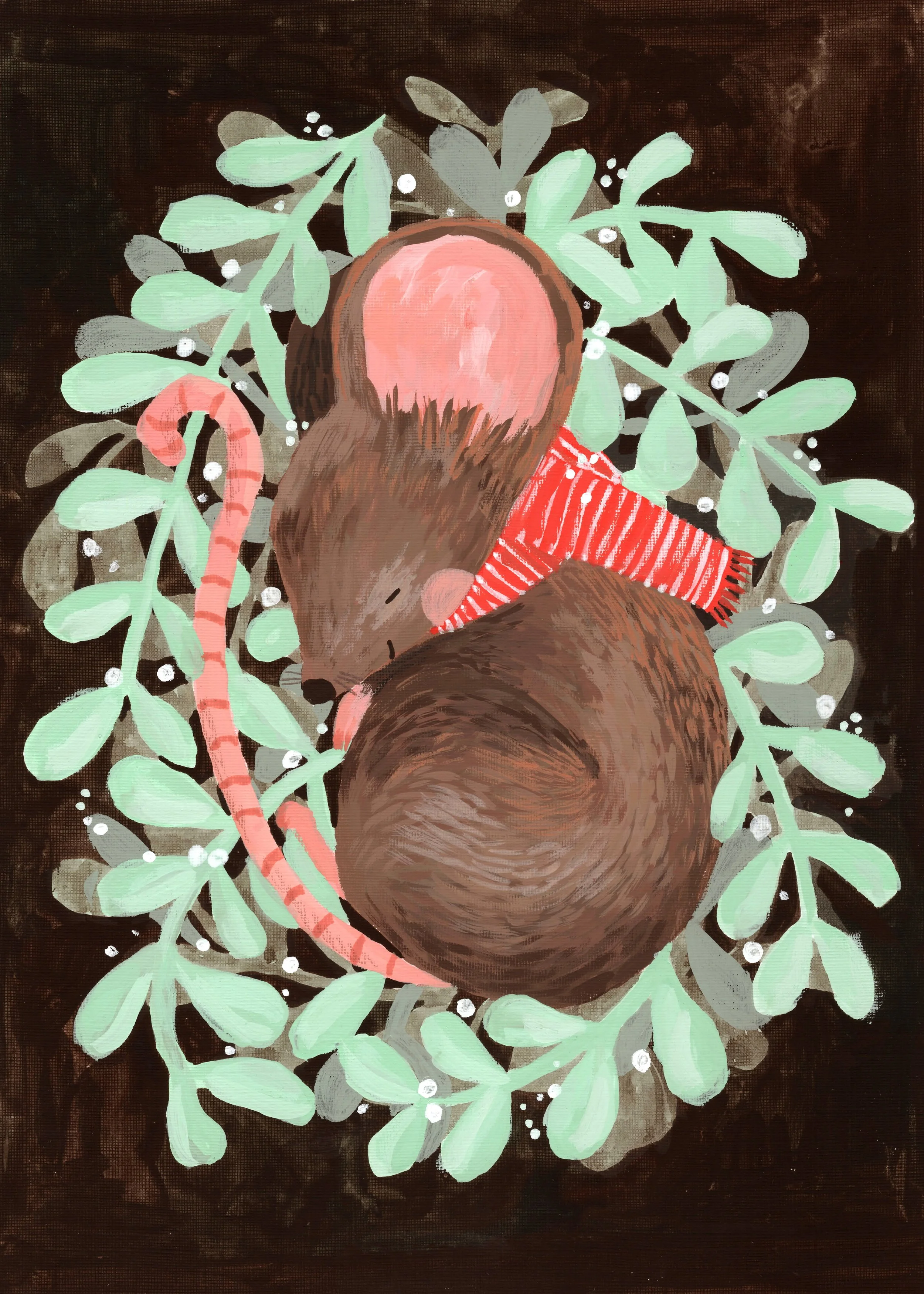 Painting of a sleeping mouse wearing a red and white striped scarf, curled up on a bed of green leaves with white berries, viewed from above.