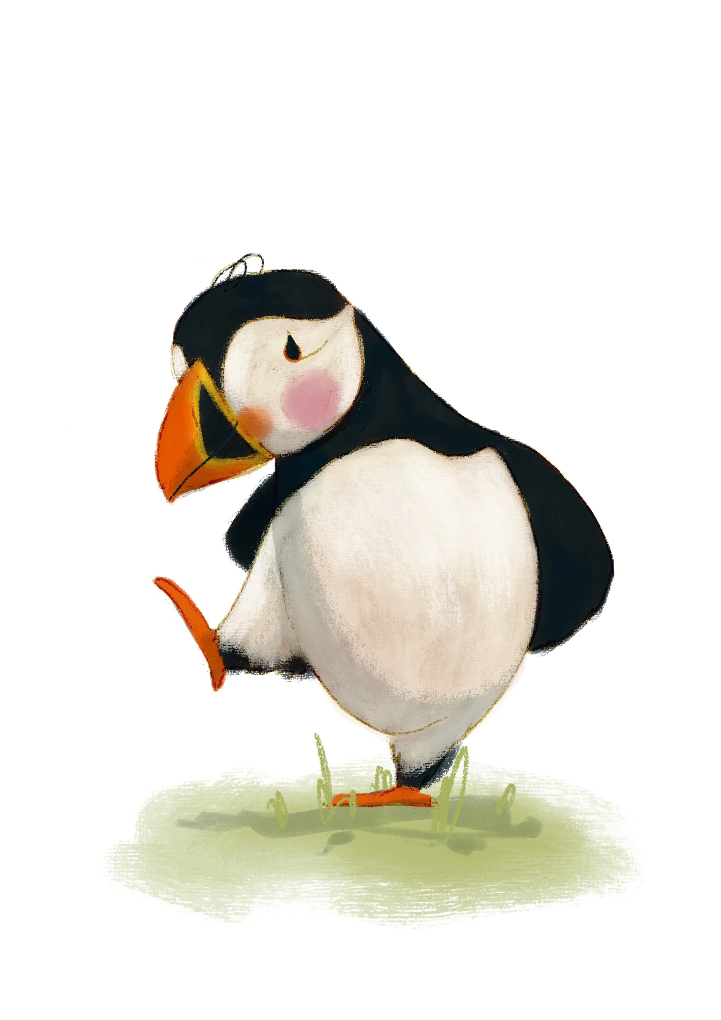 Cute illustrated penguin standing on grass, with its eyes closed and one foot lifted.