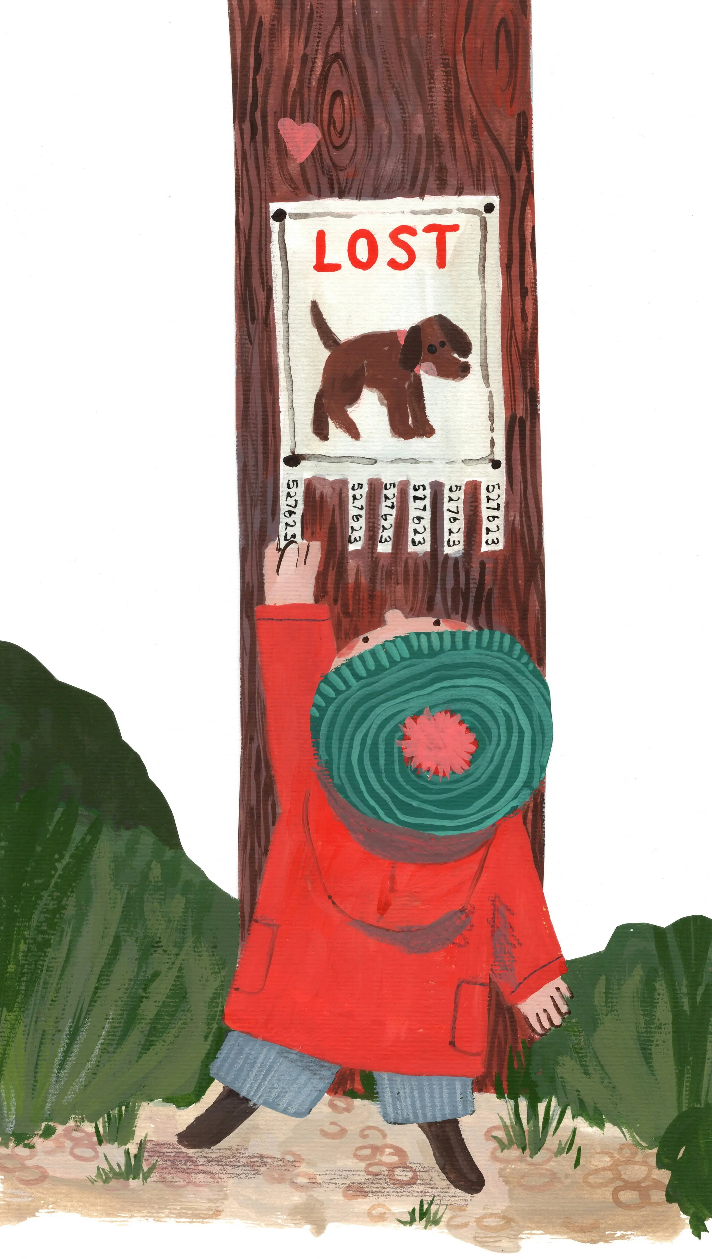 A person with a large green hat and red coat points to a lost dog poster on a tree. The poster has a drawing of a brown dog and contact numbers at the bottom.