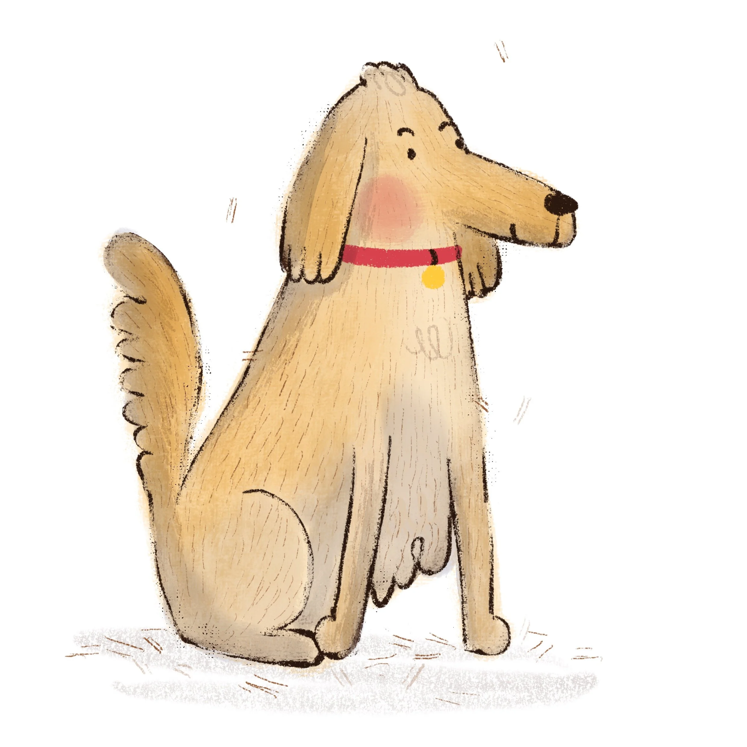 A cartoon illustration of a sitting smiling dog with long floppy ears, a red collar with a yellow tag, and a fluffy tail.