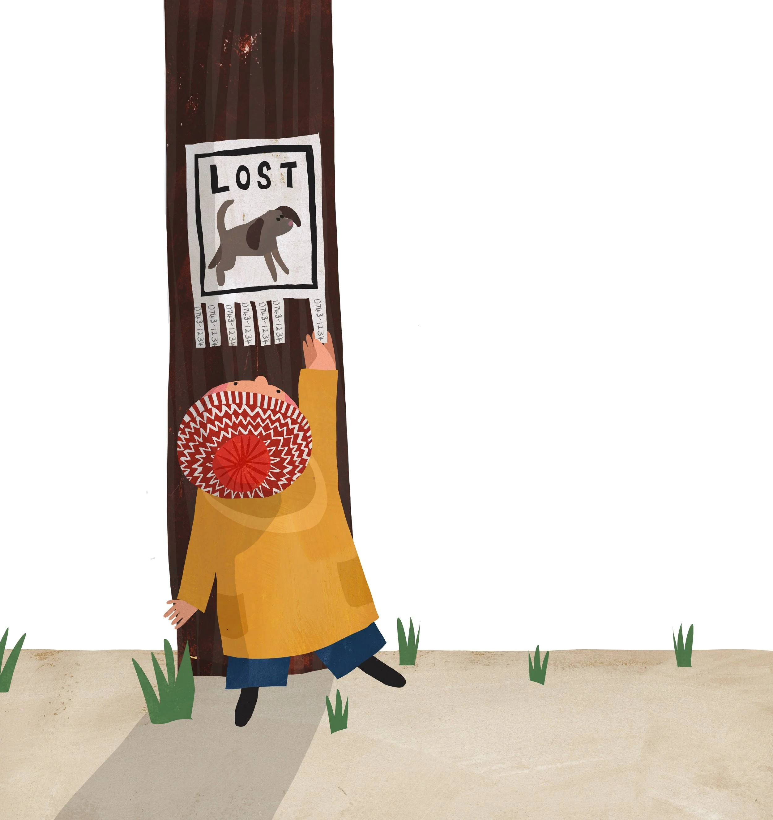 A person in a yellow coat and a red patterned umbrella hat is holding a lost dog flyer on a tree. The flyer shows a dog sketch with the word 'LOST' and contact information.