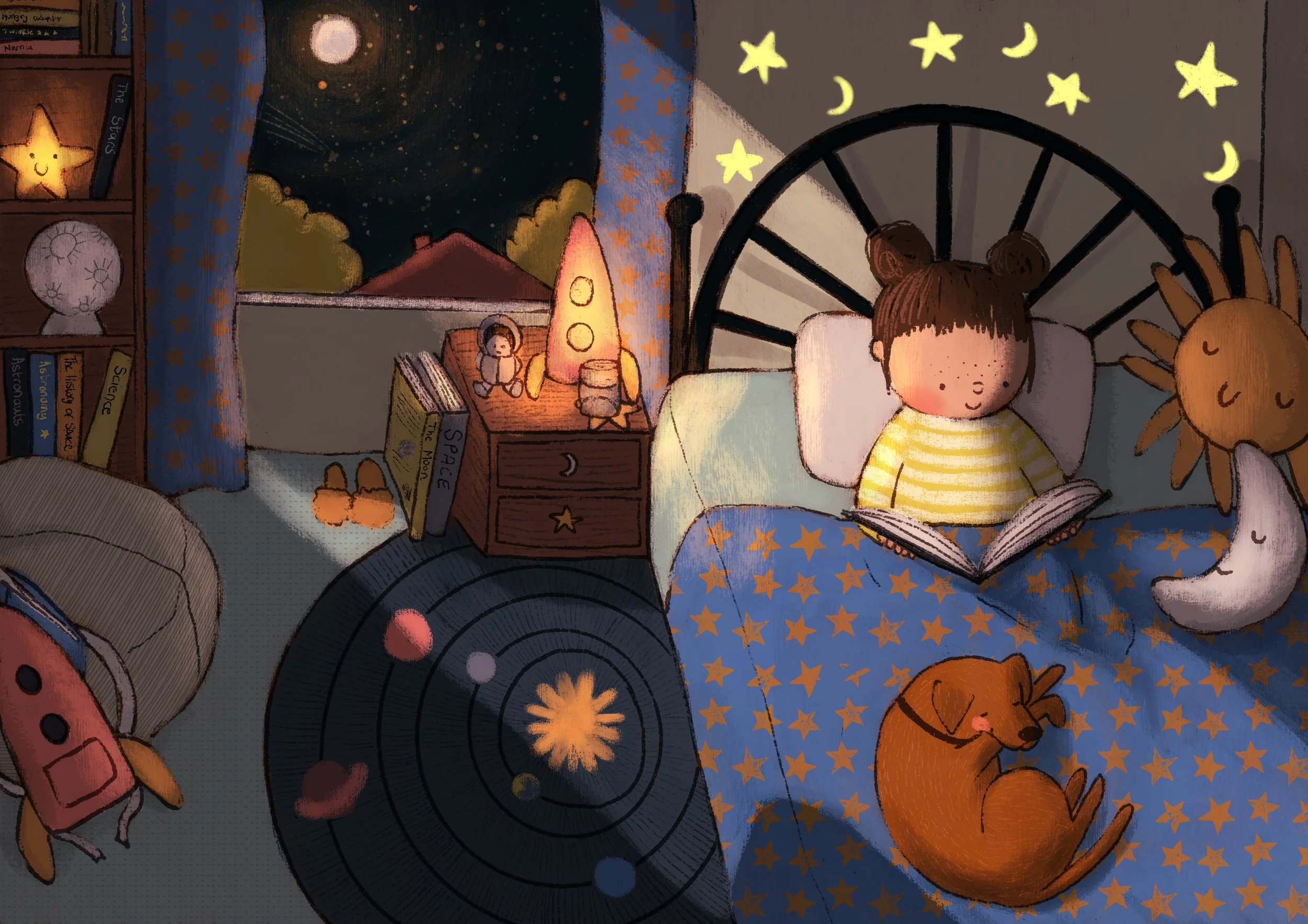 A young girl sits up in bed reading a book in a bedroom decorated with stars and moon motifs. The room is softly lit with night lights shaped like a rocket and other celestial objects. There are plush toys, a sleeping dog on the bed, and a rocket-sha