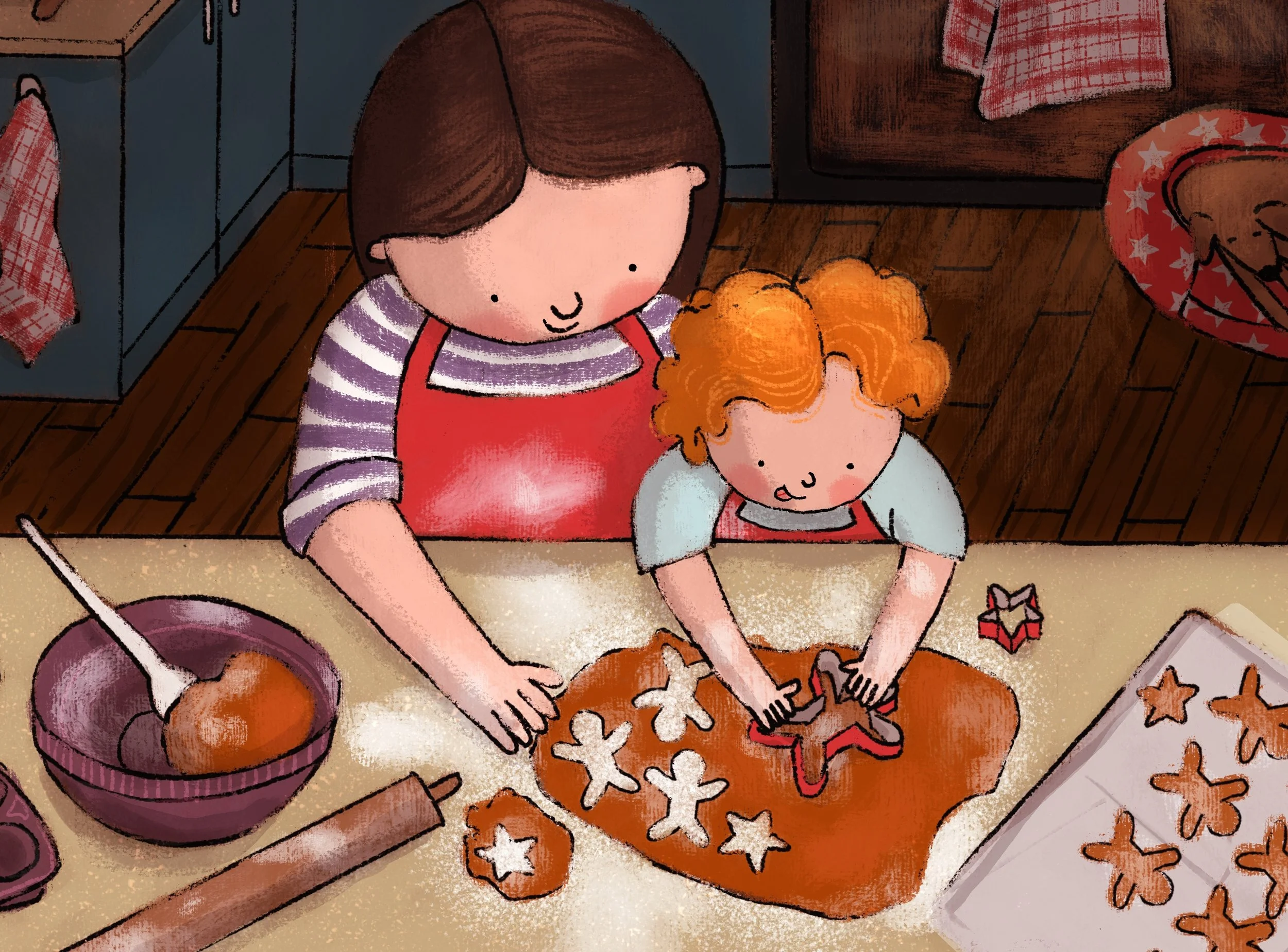 A woman and a young girl decorating gingerbread cookies together in a kitchen, with cookie cutters, flour, and a baking sheet visible.