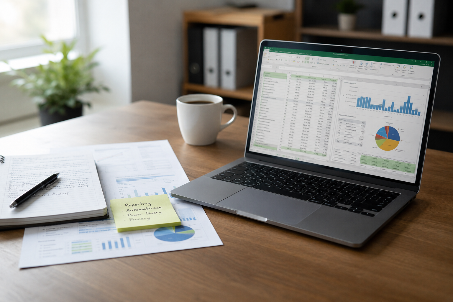 Laptop displaying spreadsheets and charts on a wooden desk with a notebook, pen, printed financial reports, a sticky note, and a coffee mug.