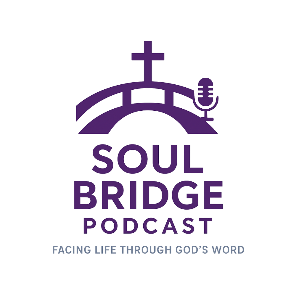 Logo for the Soul Bridge Podcast with a purple cross and a bridge illustration, and the tagline ' acting the through God's Word' in small font underneath.