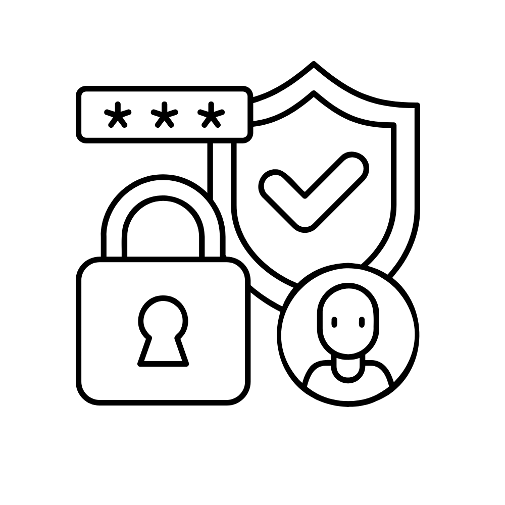 Outline of digital security icons including a password input, a shield with a checkmark, a padlock, and a user profile.