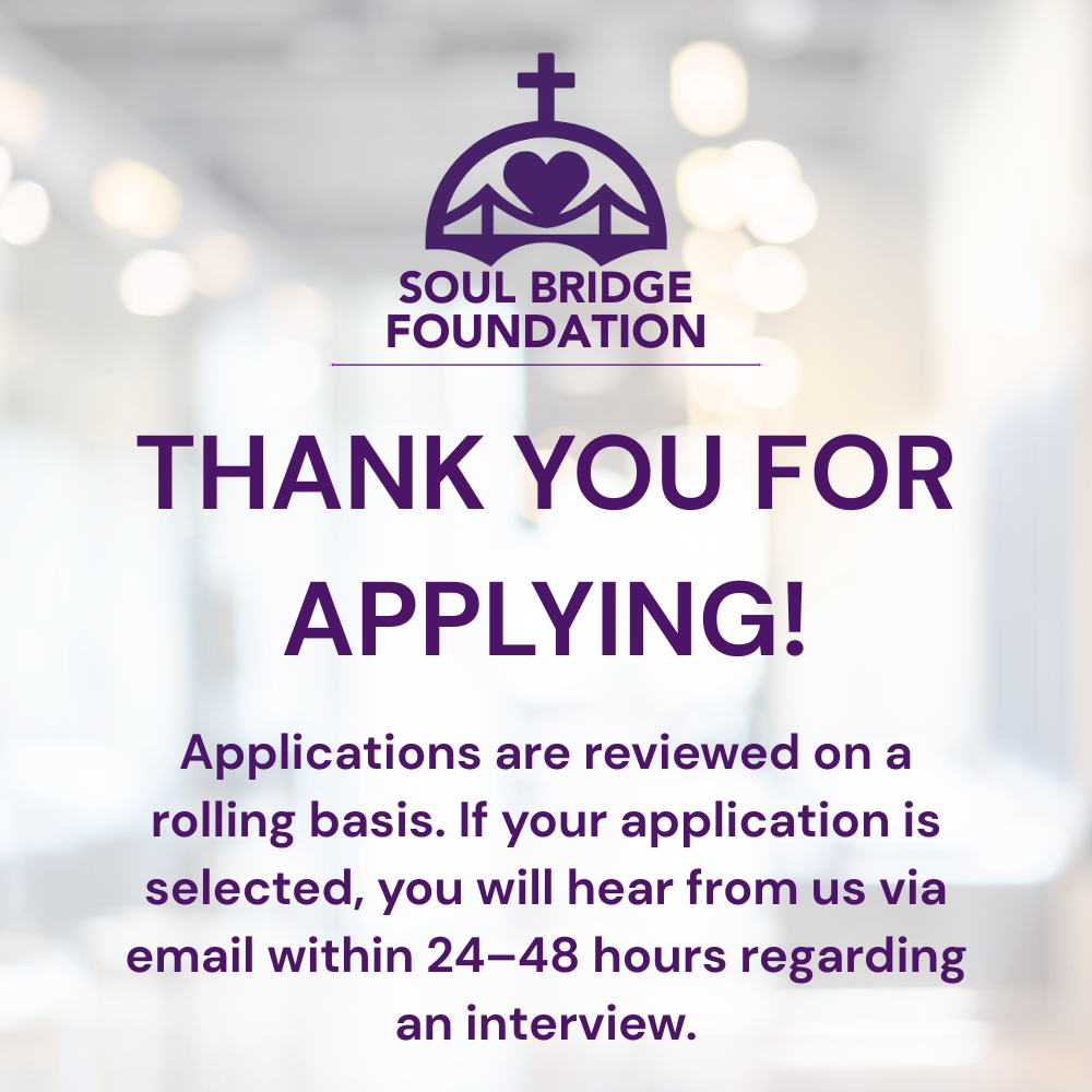 Thank you message from Soul Bridge Foundation about application review process, background with lights, logo with a bridge and heart, purple text.