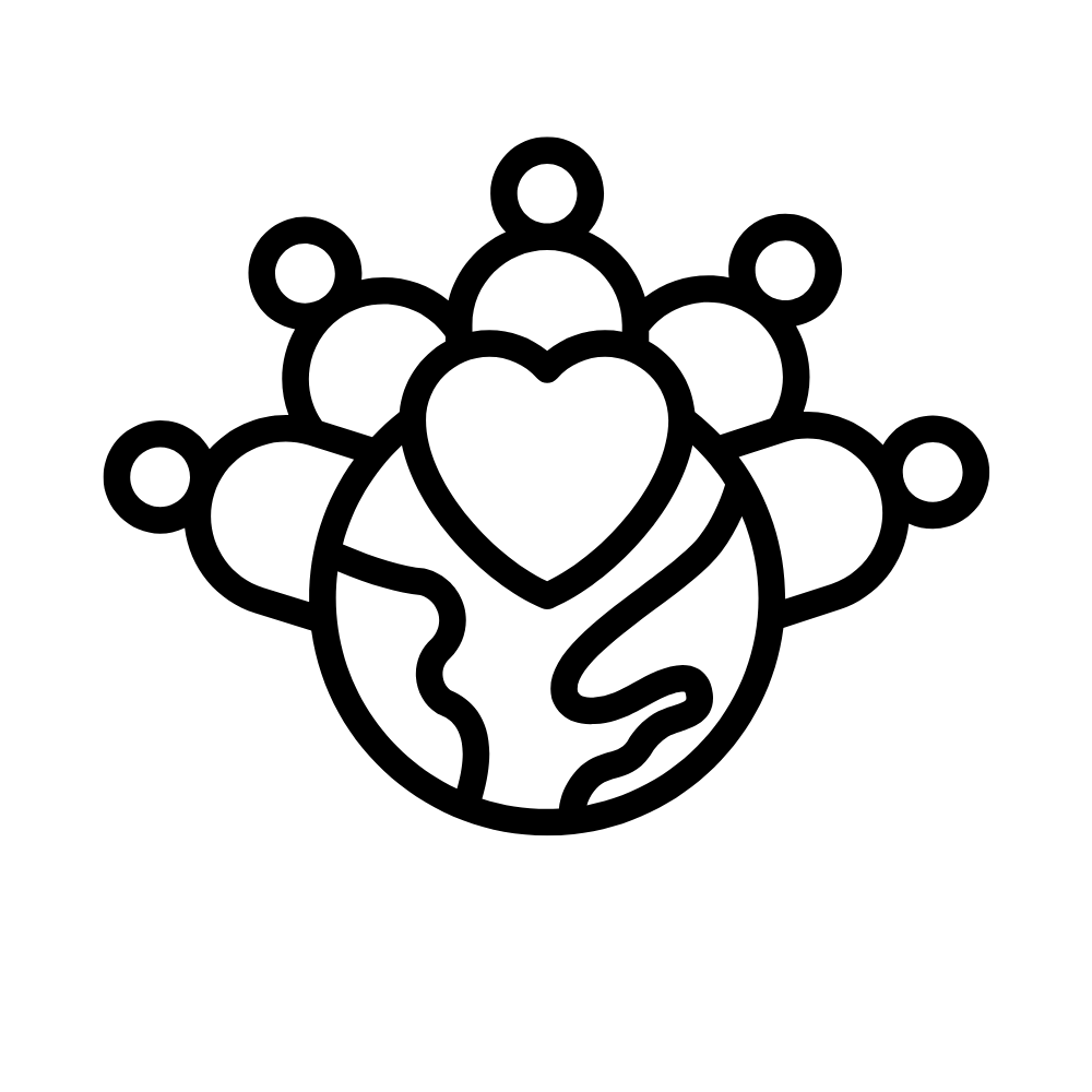 Line drawing of a globe with a heart on top and connected to multiple human figures, symbolizing global love or unity.