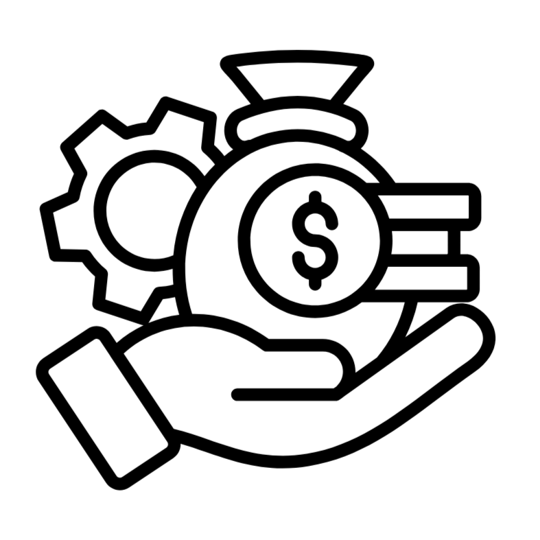 Outline illustration of a hand holding a dollar coin with a gear and clock in the background, symbolizing financial management or investment.