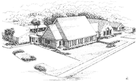 A sketch of a large house with a steep roof, front porch, and surrounding trees and lawn.