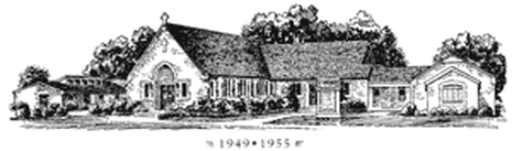 Black and white sketch of a house with a gabled roof, multiple sections, and trees in the background, dated 1949-1955.