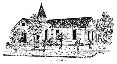Line drawing of a church with a steeple, surrounded by trees and bushes, with a street and sidewalk in front, labeled '1939' at the bottom.