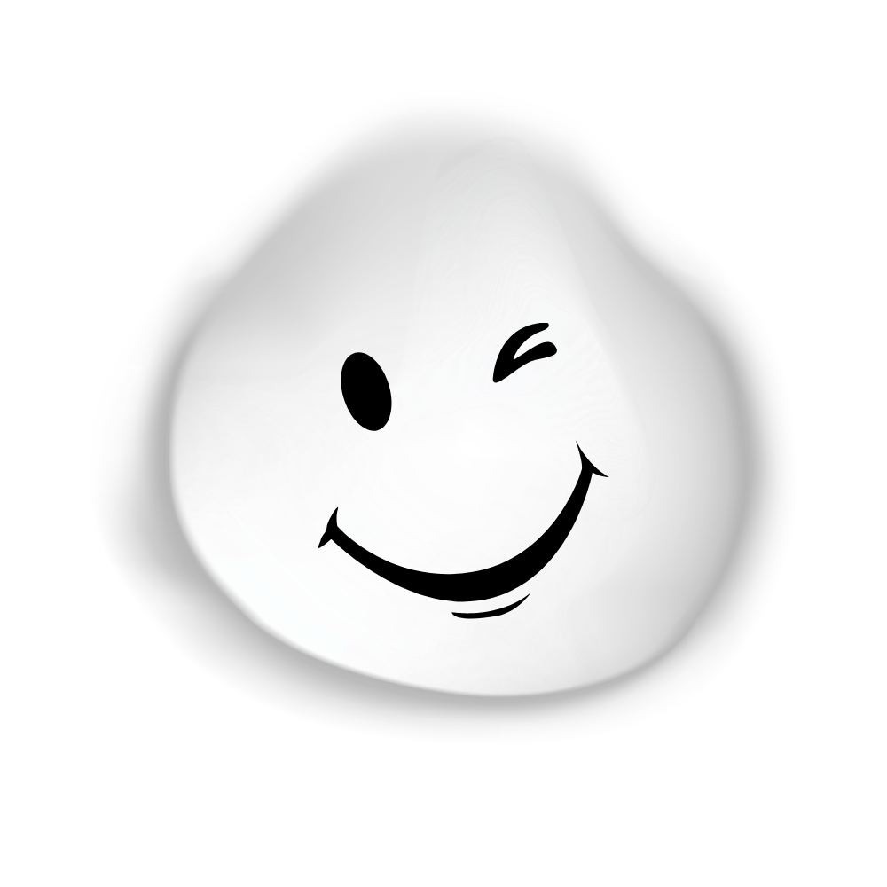 Une illustration en noir et blanc d'un visage souriant, avec un œil fermé et un sourcil, sur fond noir.
