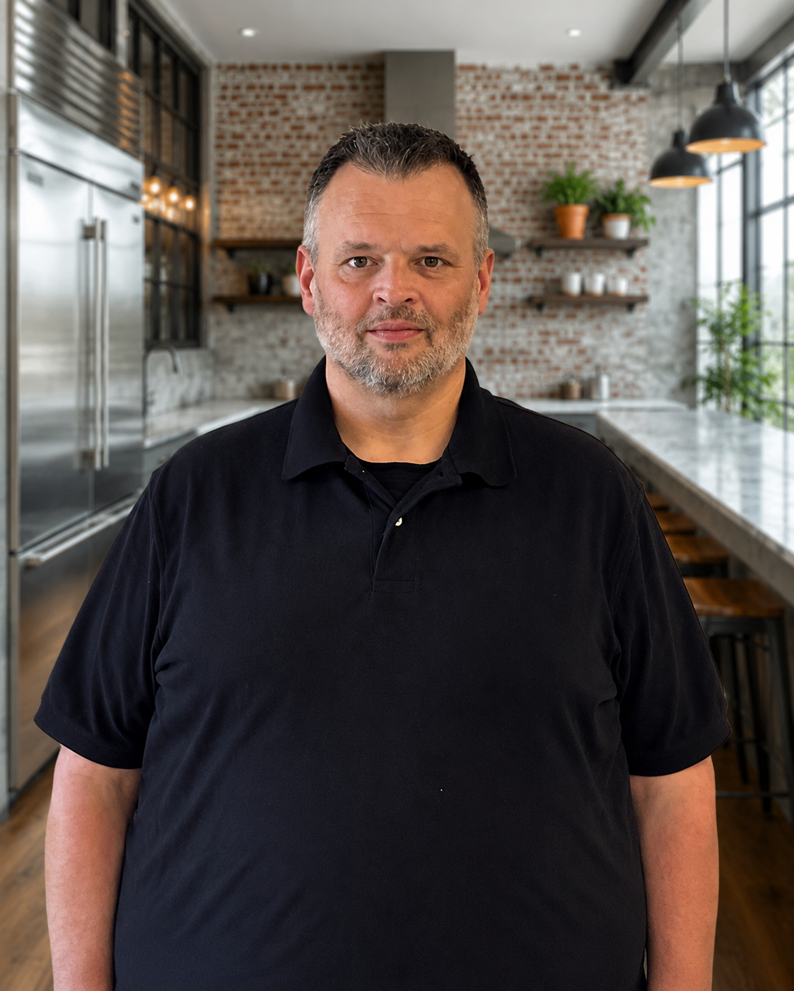 A young man smiling, wearing a black polo shirt with a name tag that reads 'Ellington' and 'Colton'. He is in a modern, industrial-style kitchen with brick walls, metal appliances, and orange potted plants in the background.