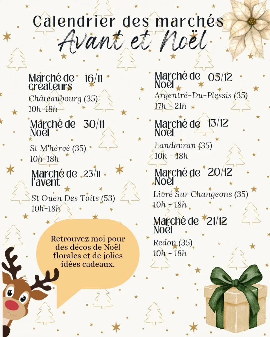 🎄✨ C&rsquo;est parti pour la saison des march&eacute;s de No&euml;l ! ✨🎄

Retrouvez-moi sur les march&eacute;s tout au long du mois de d&eacute;cembre pour plonger dans une ambiance magique et fleurie 🌸💫

Au programme sur mon stand :
💐 Des boule