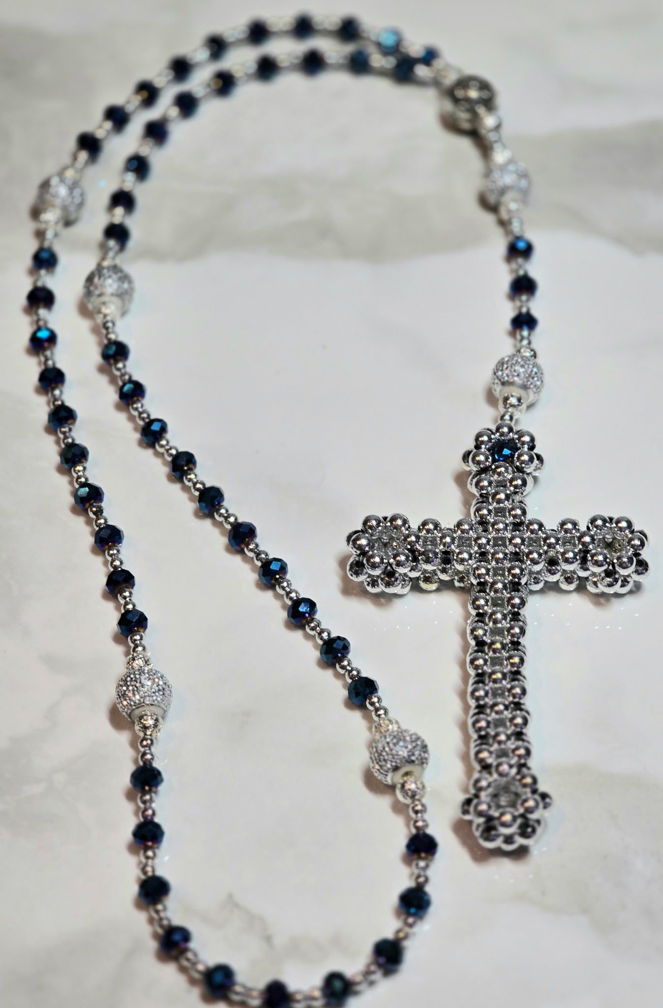 Handmade 25-Inch Blue Faceted Glass Beaded Rosary with Silver Tone Accents and Elegant Beaded Cross