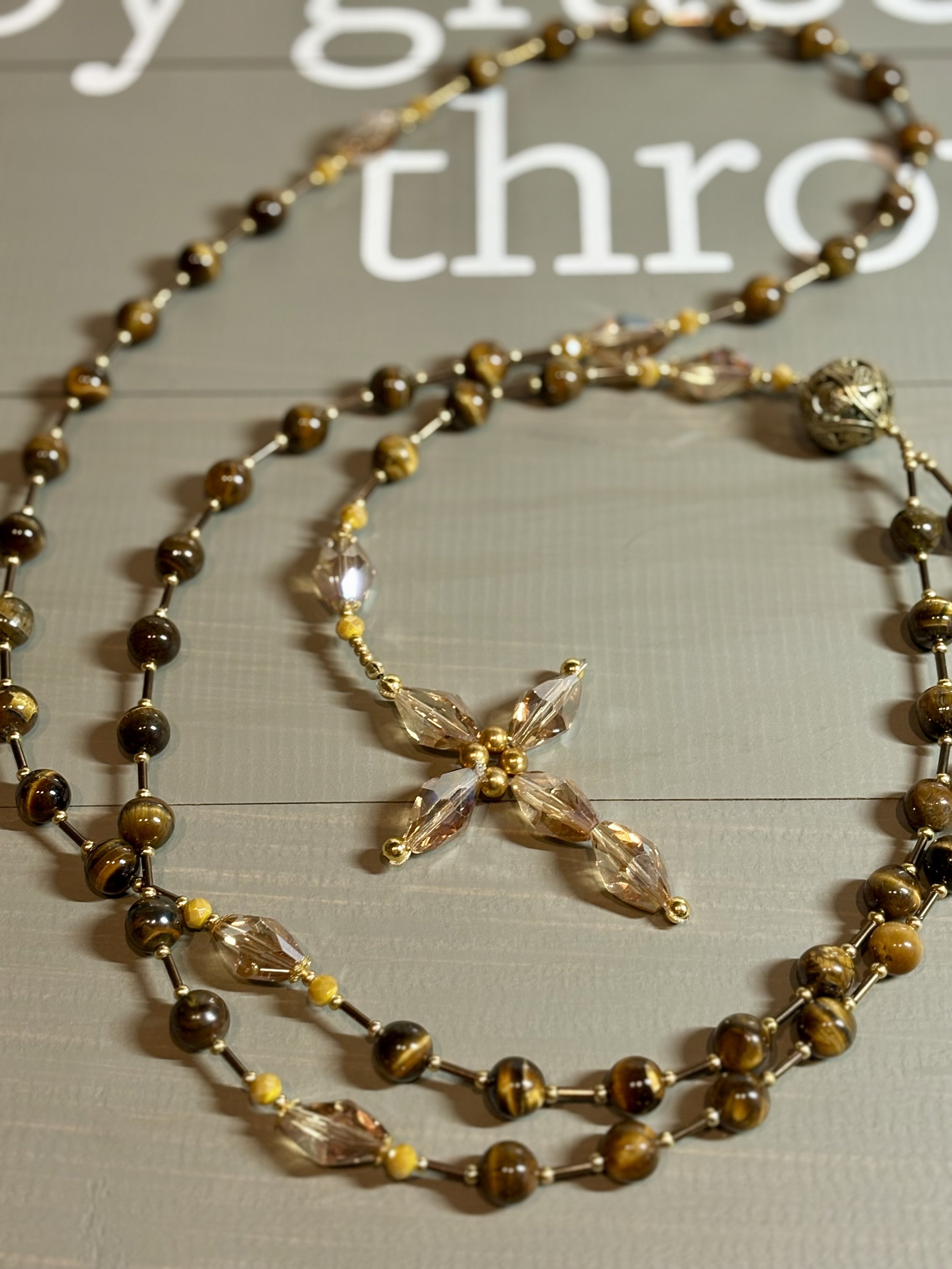 Handmade 35-Inch Tiger Eye Beaded Rosary with Bronze Accents and Light Brown Crystal -Like Cross