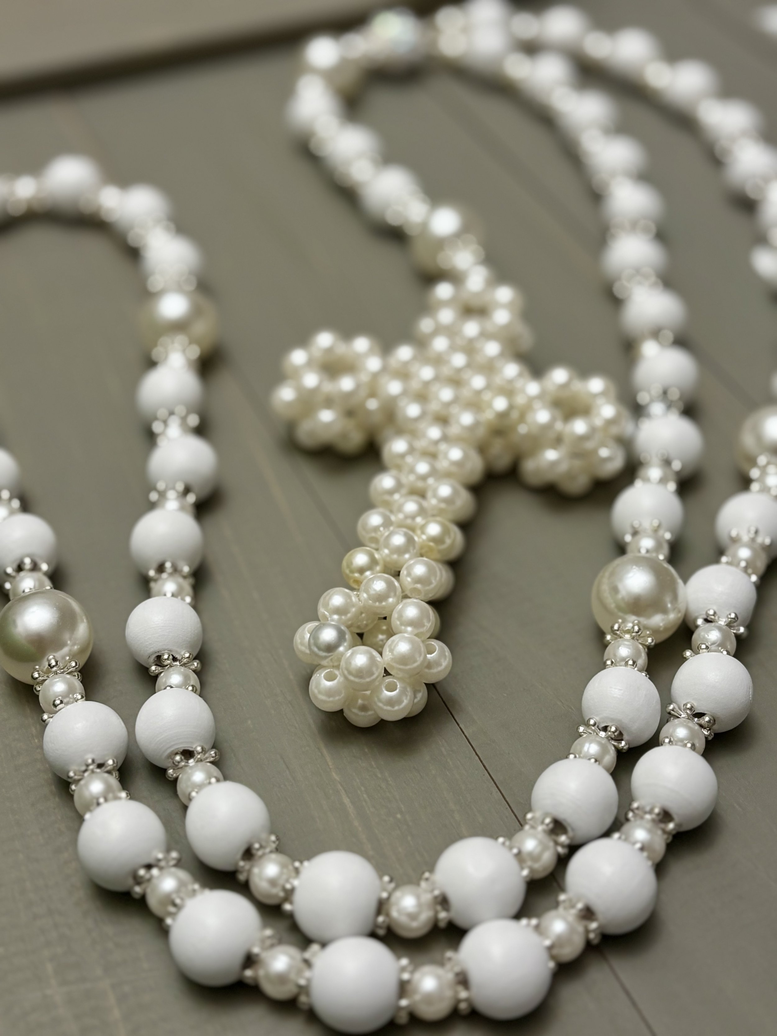 Elegant 36” White Wooden & Pearl-Like Beaded Rosary with Silver Accents and Decorative Cross