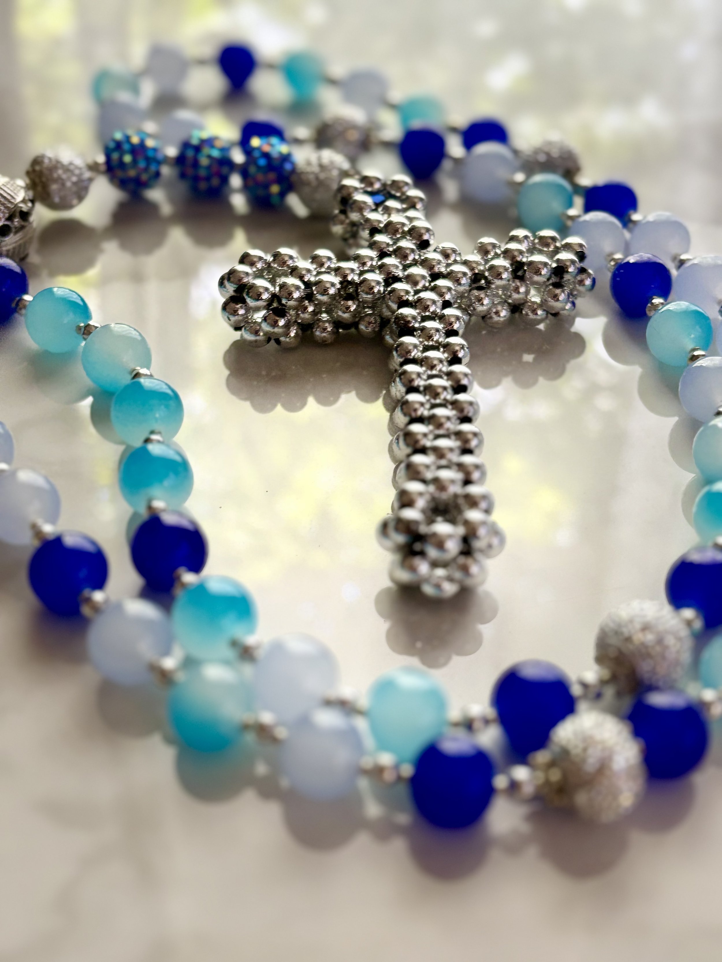 Handmade 27” Rosary with Mixed Blue Glass Beads & Silver Accents – Elegant & Durable