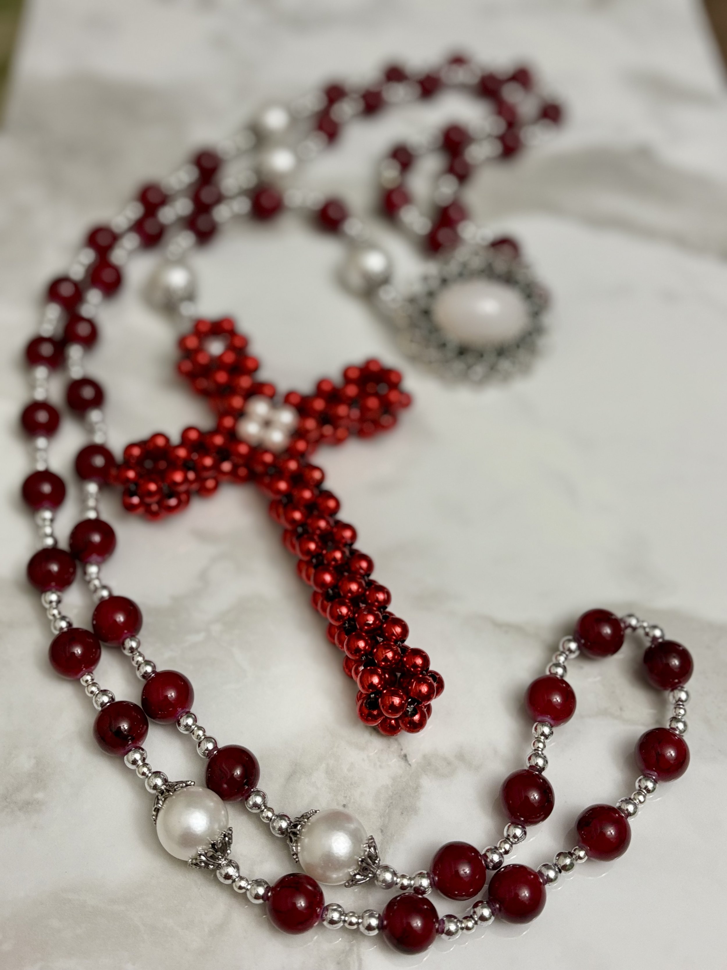 44” Red Stone-Like Beaded Rosary with Pearl-Like Accents & Large Decorative Cross