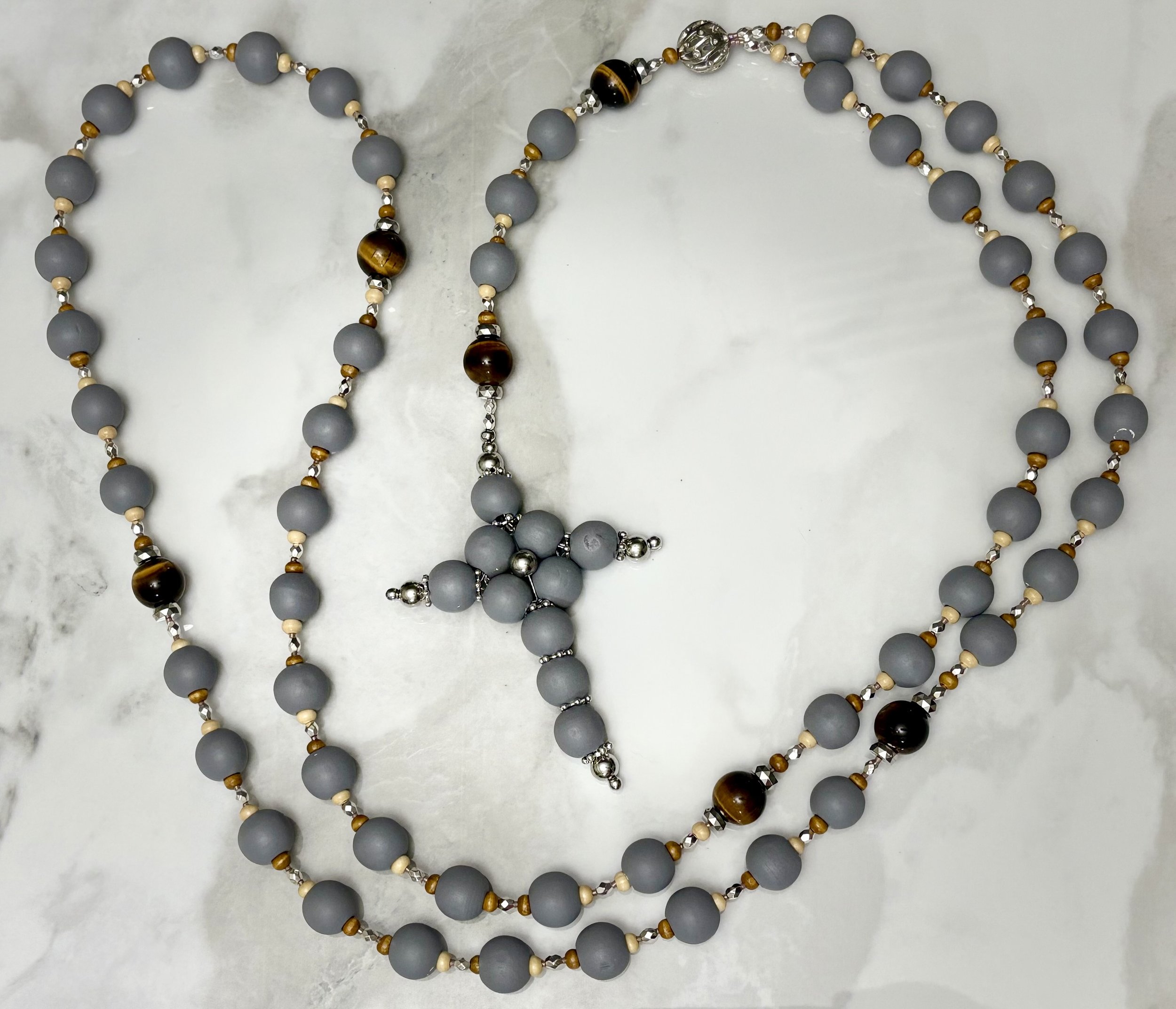 38” Gray Wooden Rosary with Tiger Eye Beads & Silver Accents – Timeless and traditional