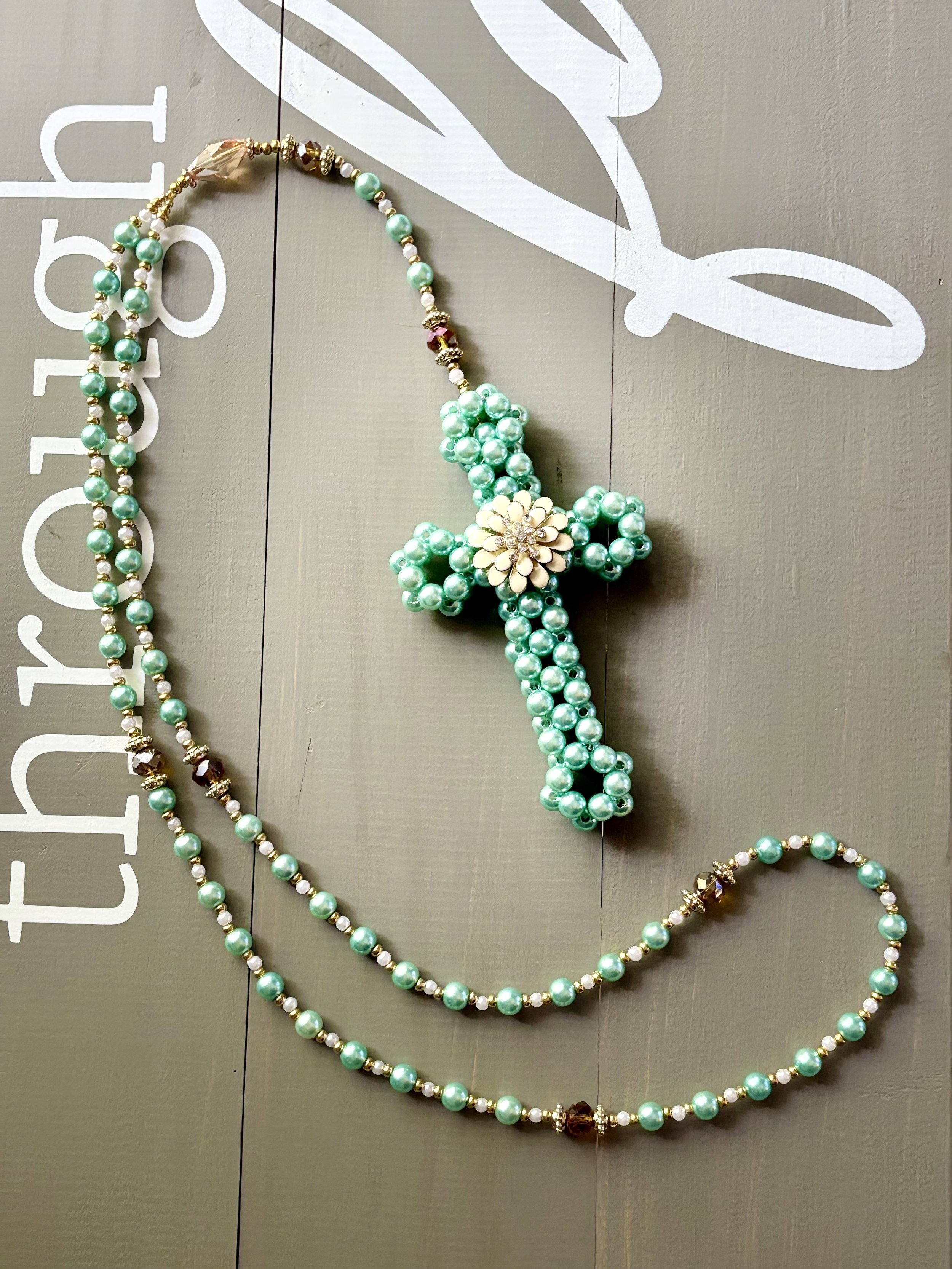 Handmade Aquamarine & Pearl-Like Beaded Rosary – 28” Length with Elegant Gold-Tone Accents