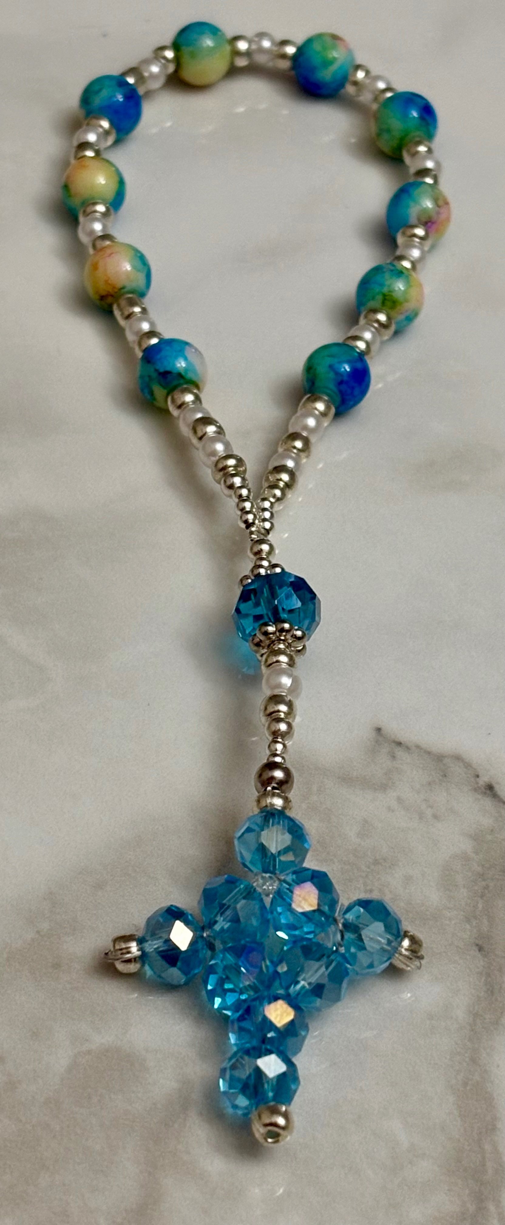 6.5” Handmade Blue Turquoise Pocket Rosary with Pearl-Like Beads & Faceted Glass Cross