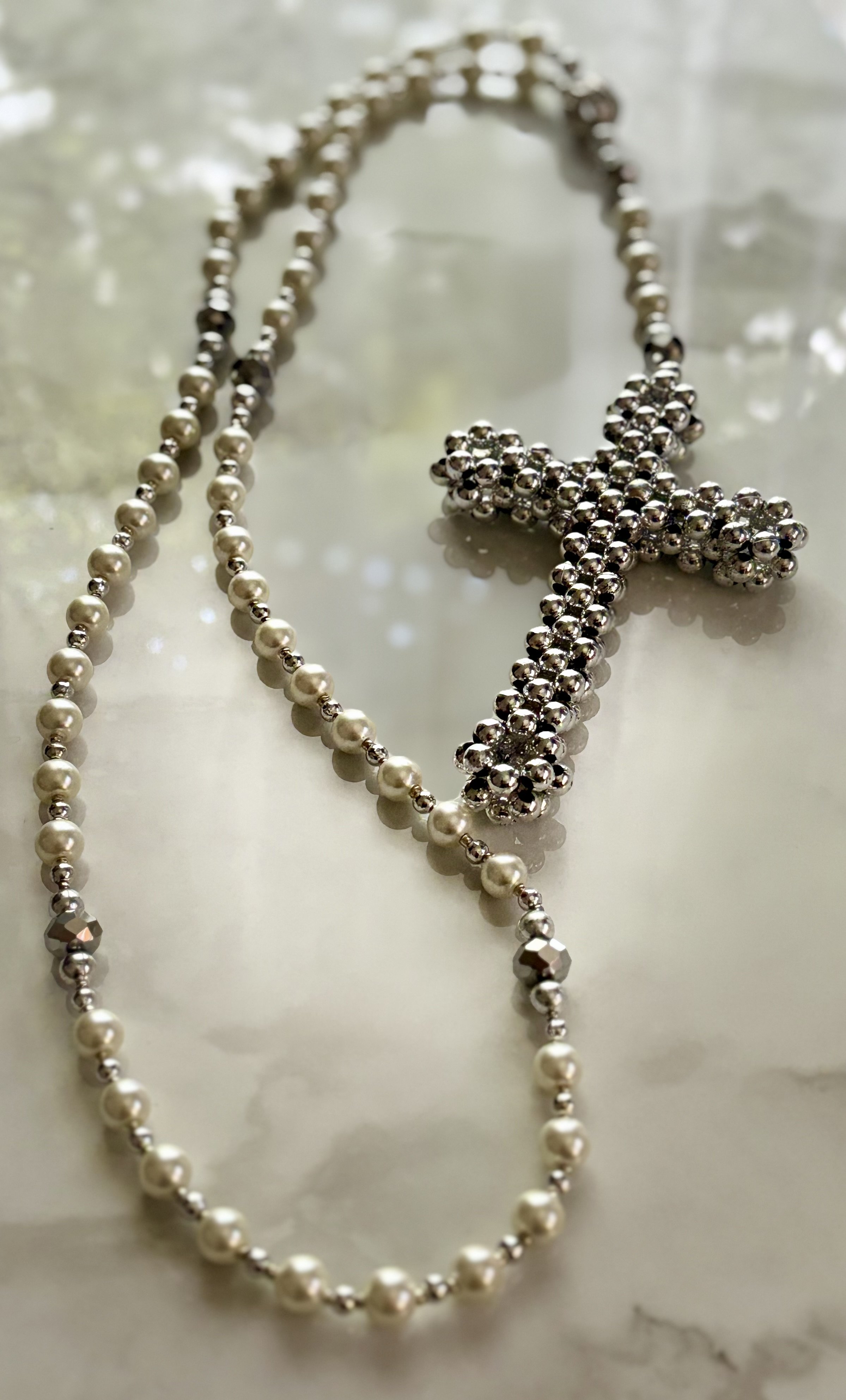 Elegant Handmade White Pearl-Like Beaded Rosary – 24” Long with Silver Accents & Faceted Glass Beads