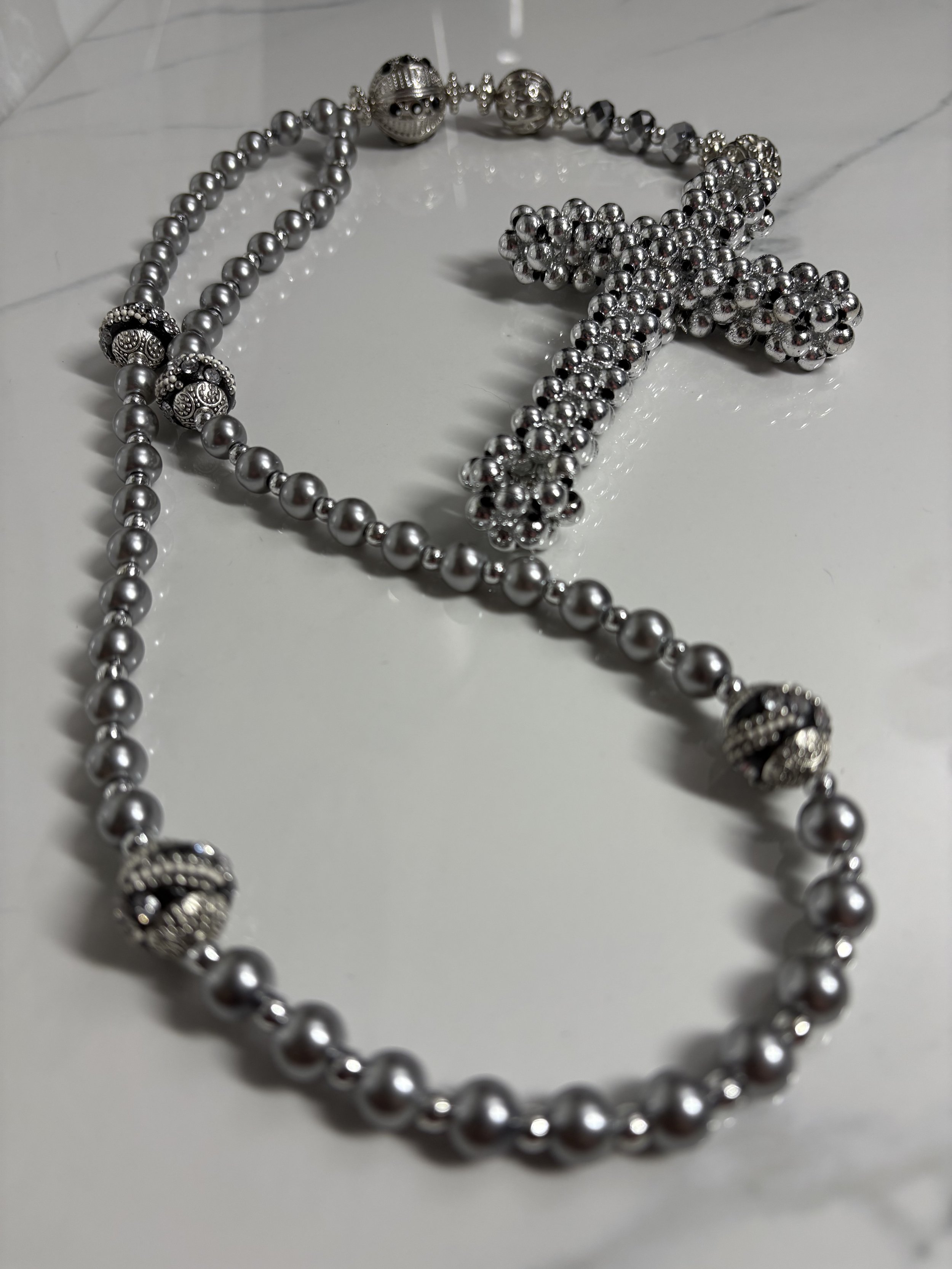 Gray Pearl-Like Beaded 20" Rosary
