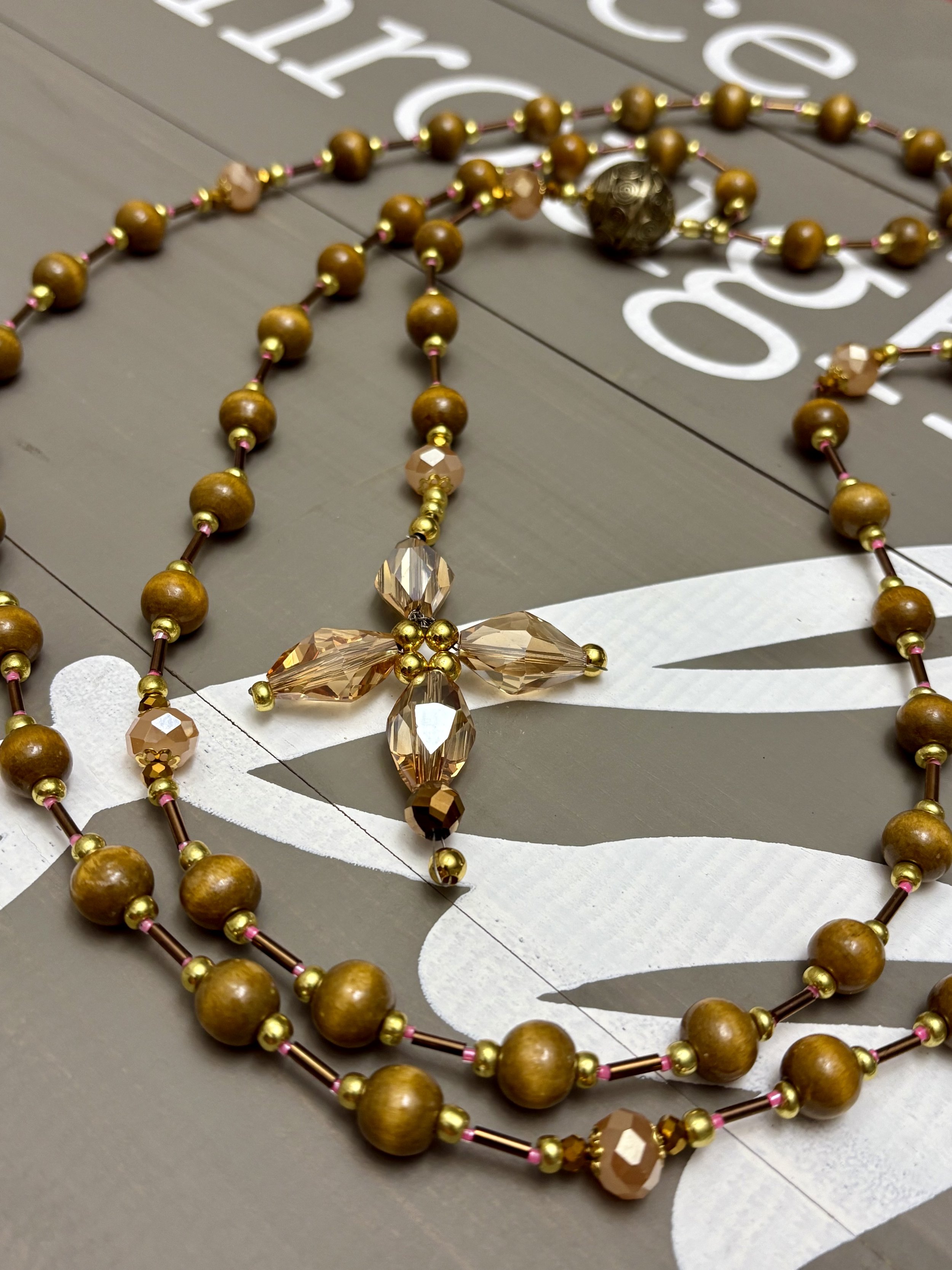 33” Light Brown Wooden Rosary with Faceted Beads & Glass Crystal Cross – Handmade