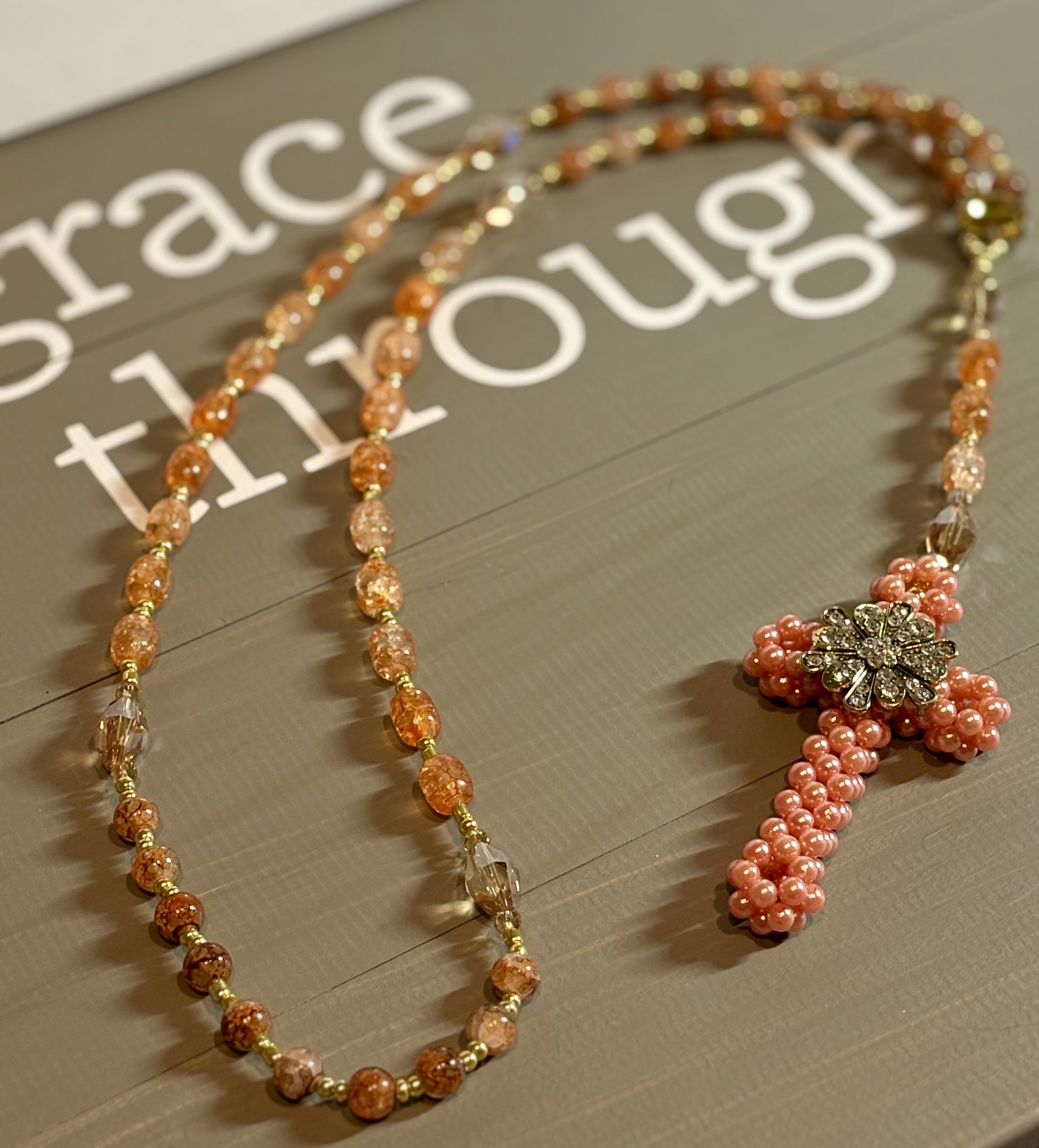 Handmade 28.5-Inch Peach Color Pearl-Like Beaded Rosary with Gold Tone and Crystal-Like Accents